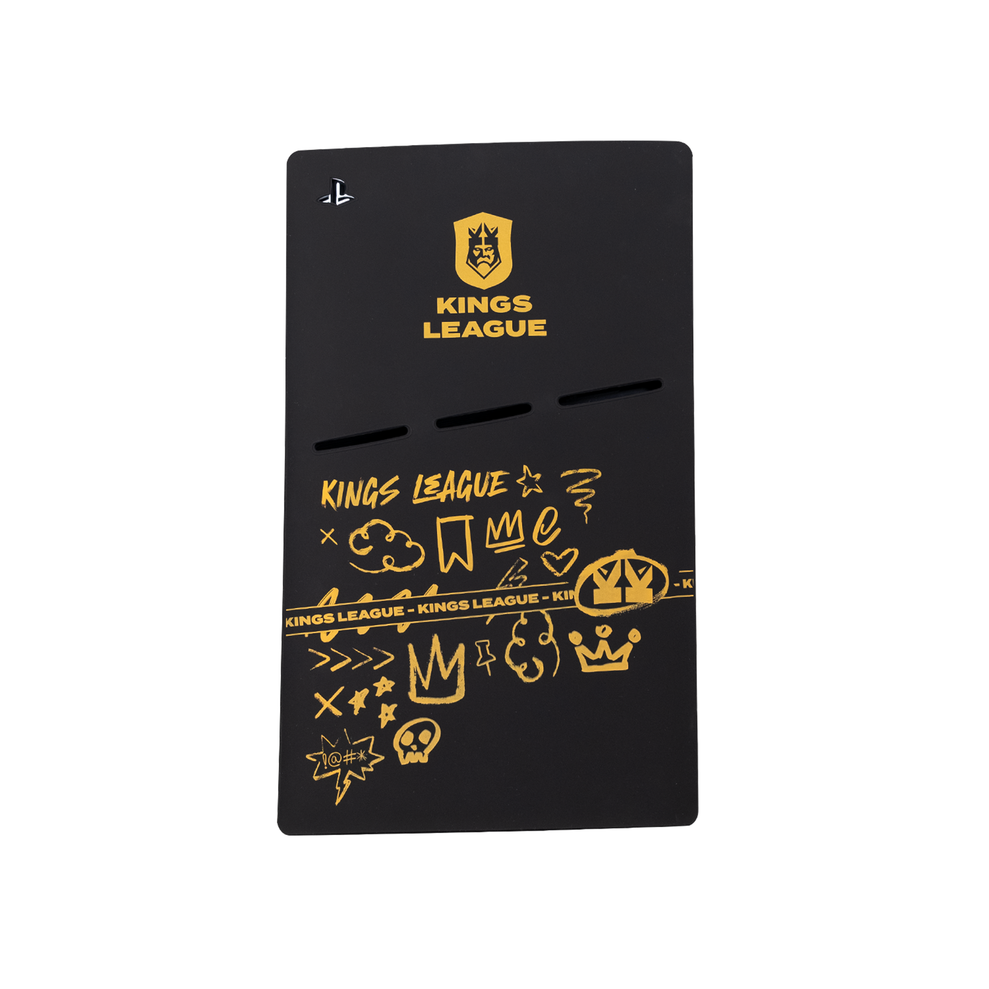 Artículo rectangular negro con logotipos y texto dorados. 'Kings League' es visible. Tiene un logotipo de PlayStation.