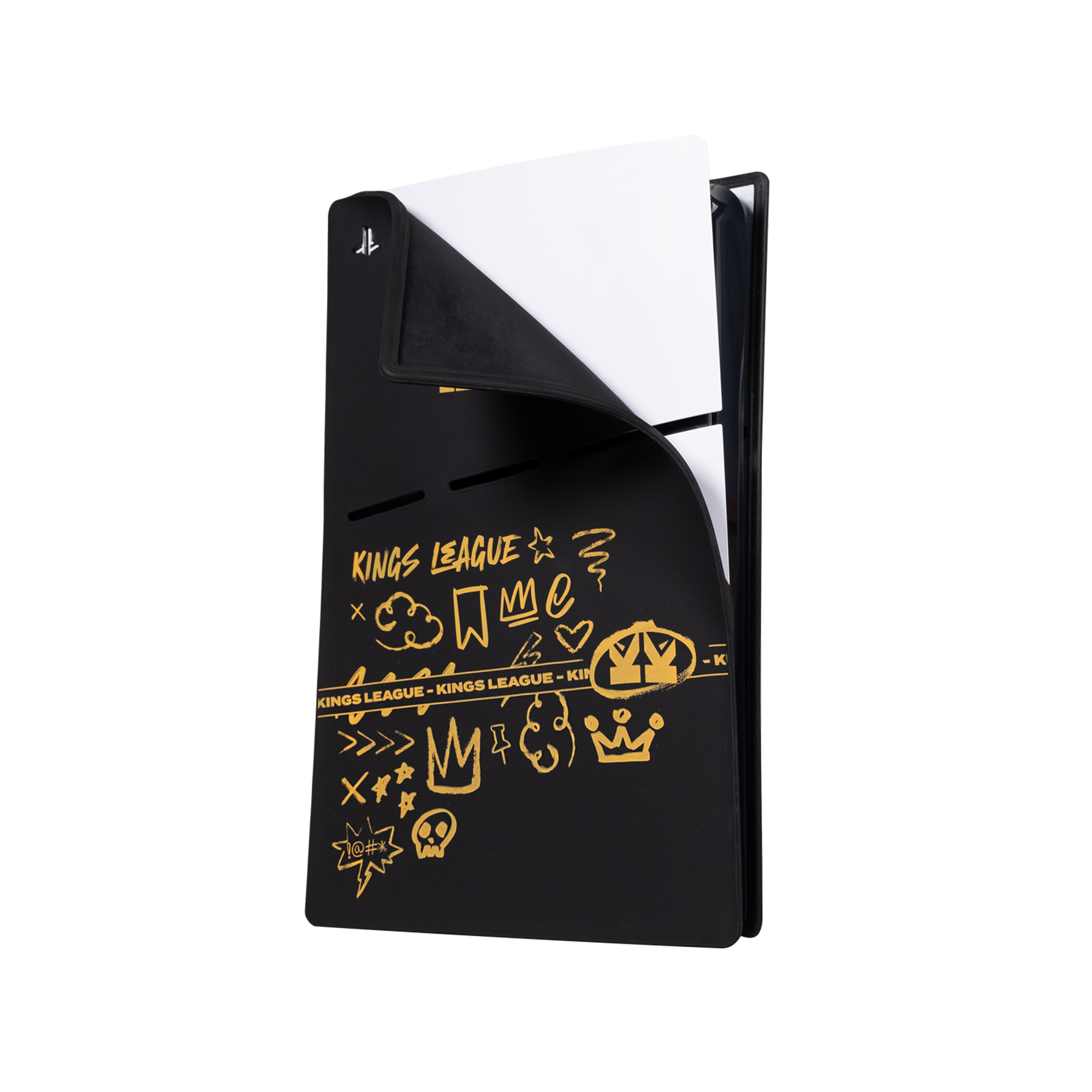Funda negra con gráficos dorados de Kings League, incluyendo corona, calavera y texto. Interior blanco visible.