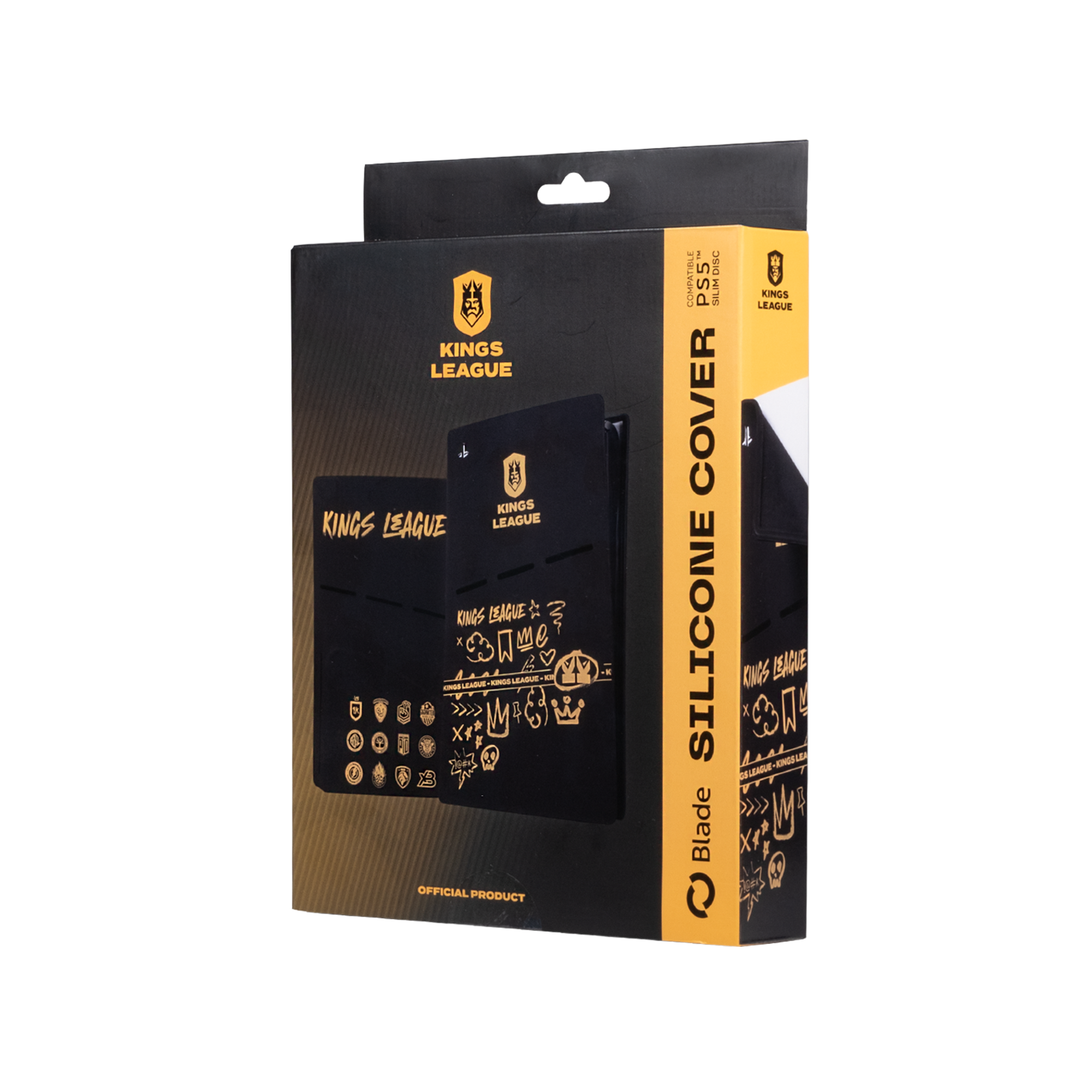 Una caja negra con una funda de silicona Kings League. La caja tiene logotipos y texto en oro y blanco.