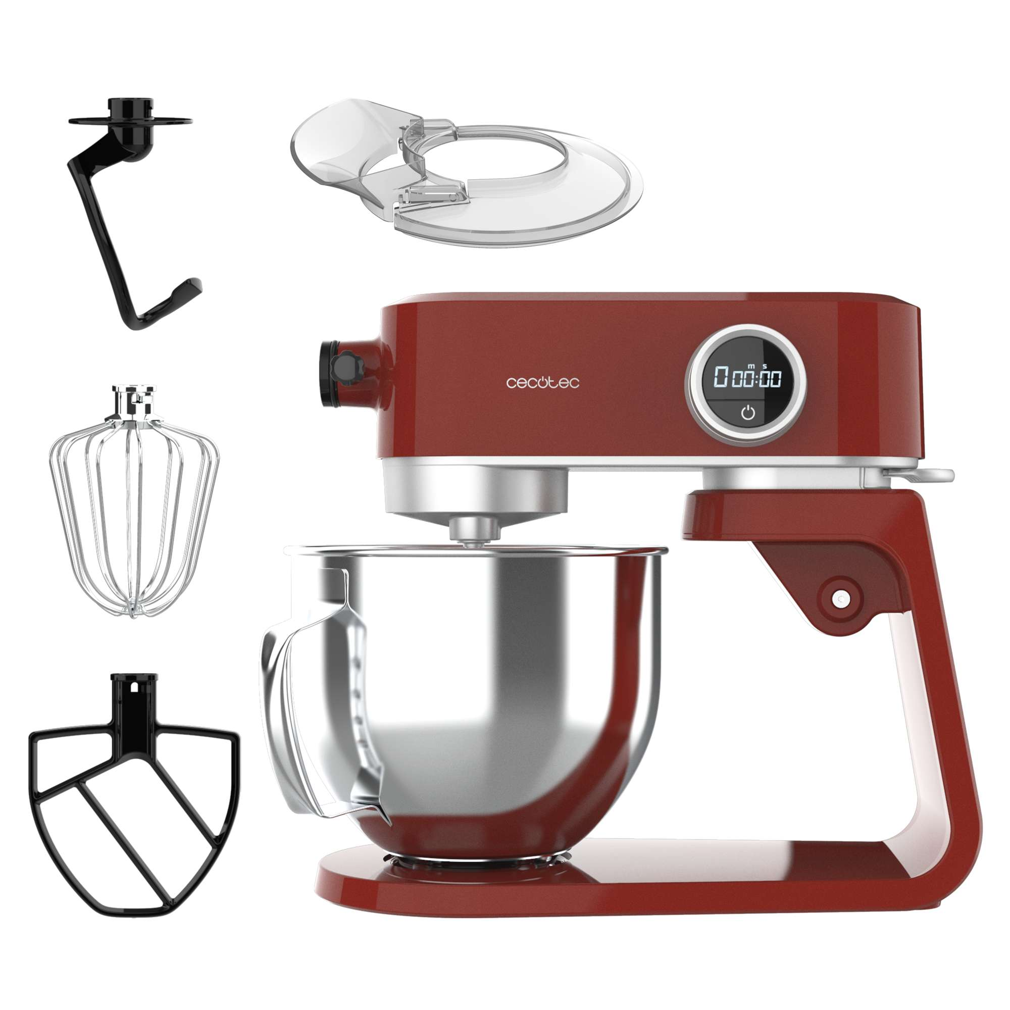 Una batidora de pie roja con accesorios. Incluye un batidor, un gancho para masa y un protector contra salpicaduras. Temporizador digital visible.
