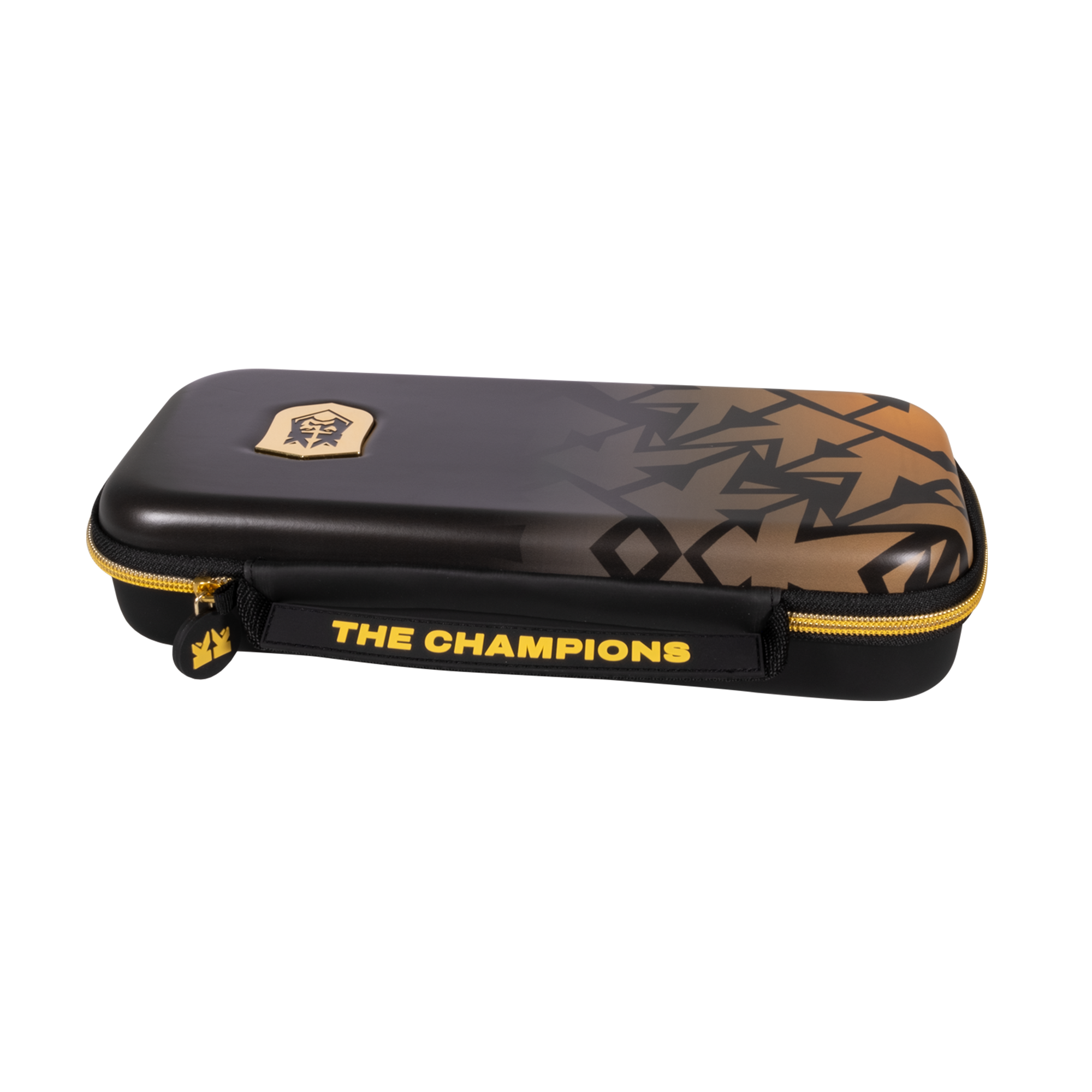 Estuche negro y dorado con un logotipo y las palabras 'The Champions'. Tiene cremallera y asa.
