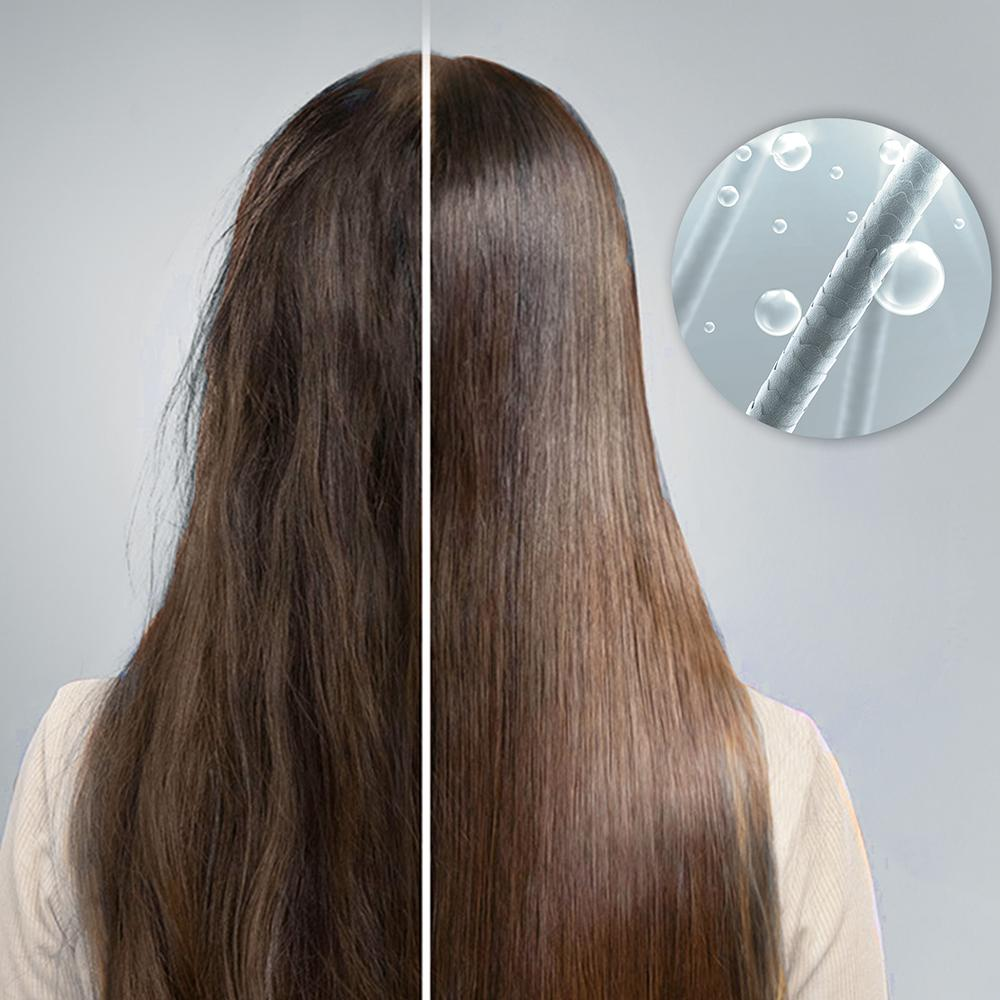 Imagen muestra cabello antes y después del tratamiento. Izquierda encrespada, derecha lisa. Ilustración circular pequeña muestra hebra.