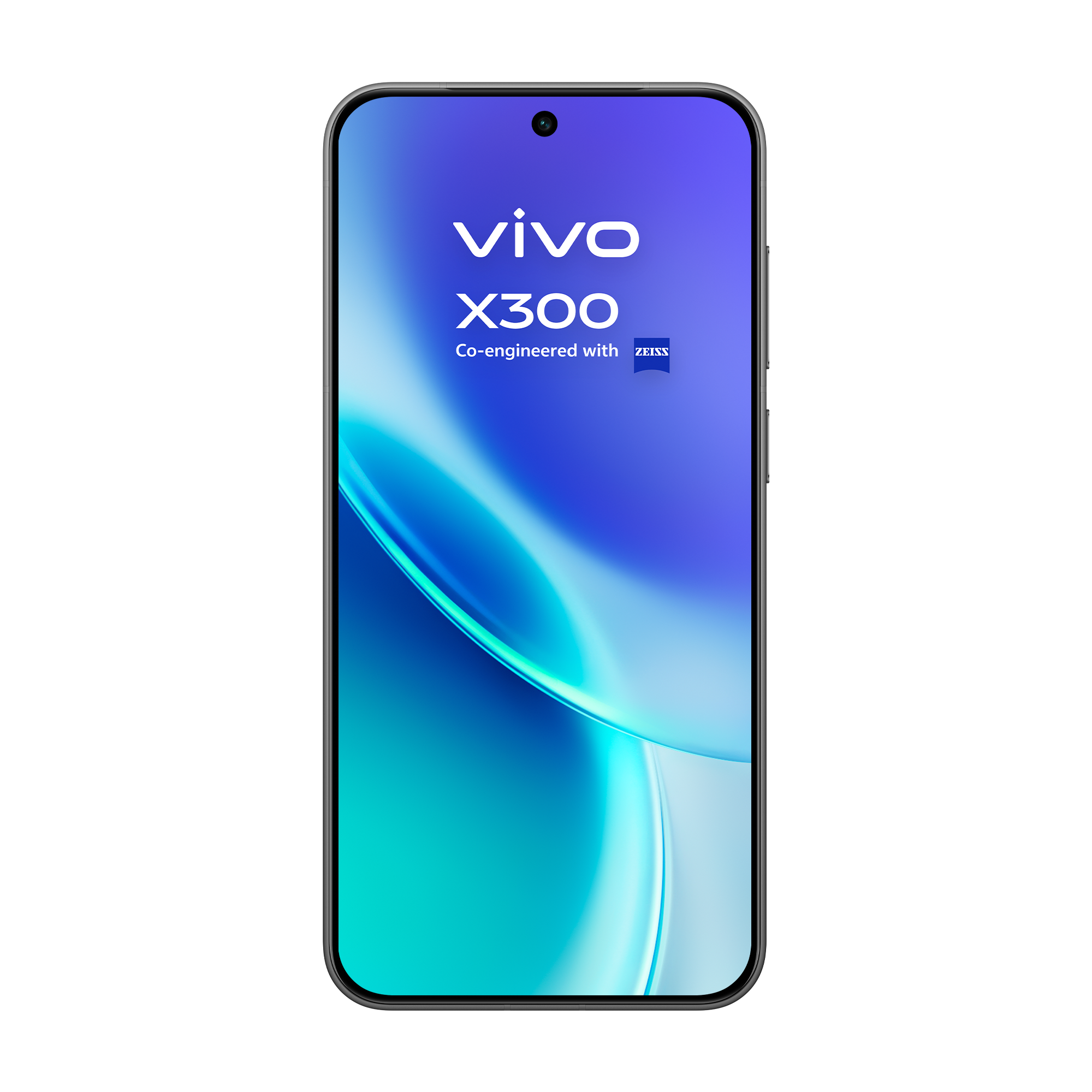 Un smartphone Vivo X300 con pantalla azul-verde degradada, logotipo Zeiss y marco negro.