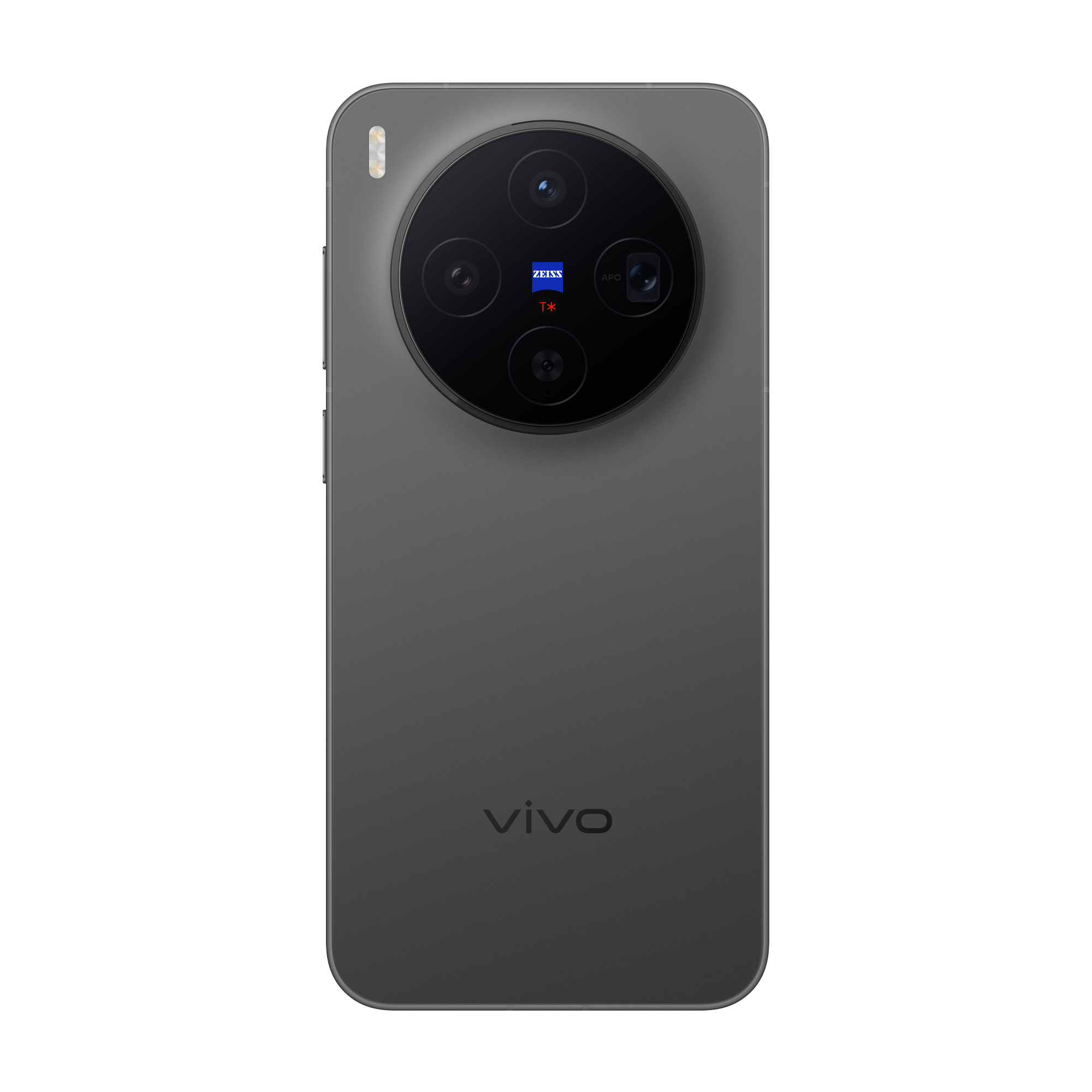 Un teléfono inteligente gris con un módulo de cámara grande, la marca Zeiss y el logotipo de Vivo.