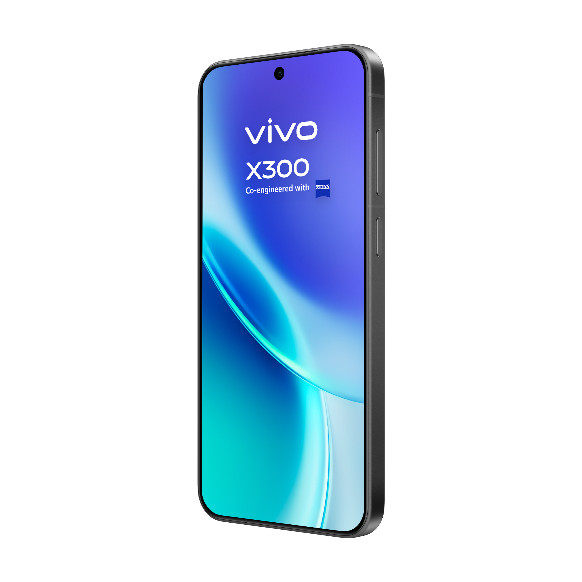 Un smartphone Vivo X300 negro, con una pantalla que muestra un degradado azul y turquesa y el logotipo de Vivo.