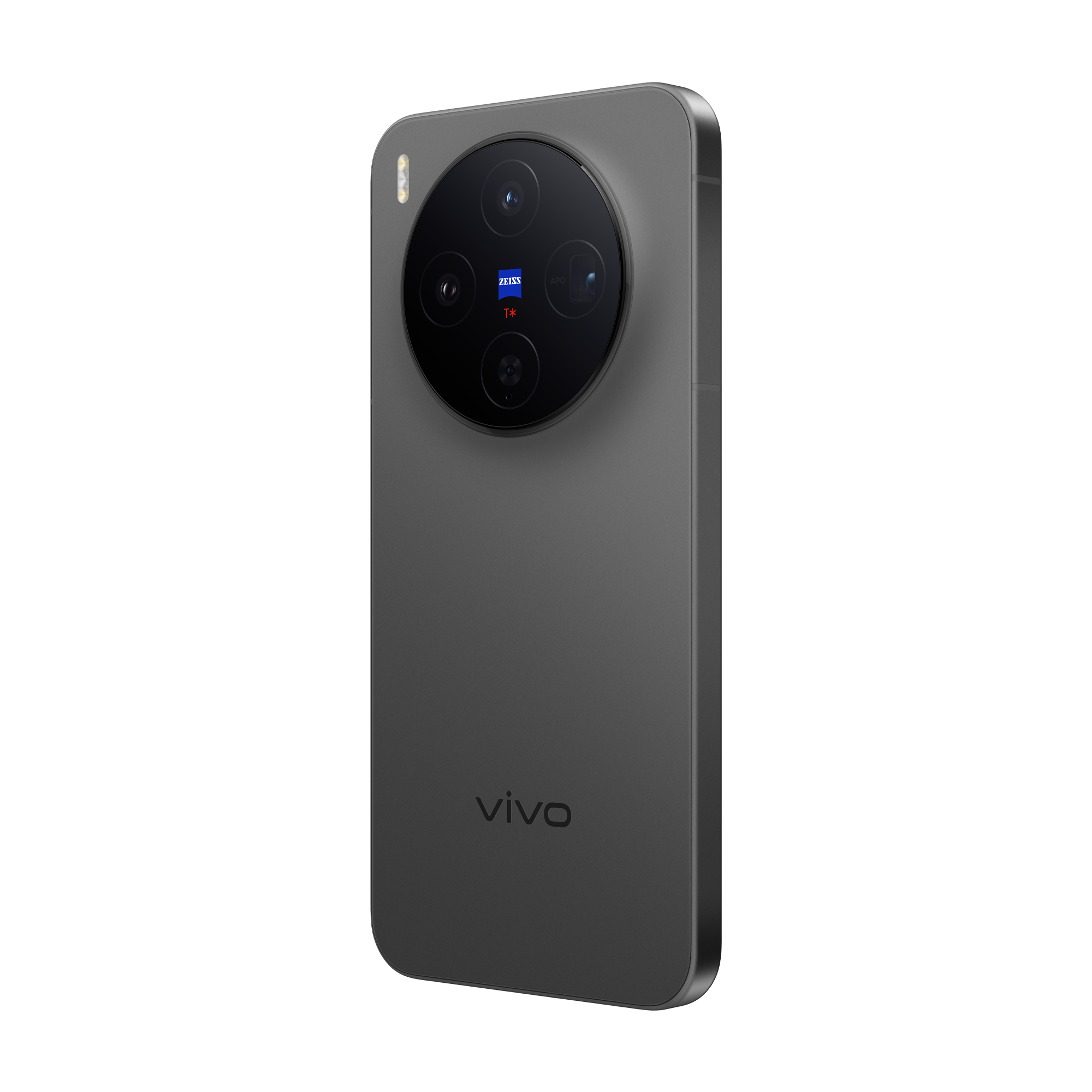Un smartphone gris con un gran módulo de cámara circular. El teléfono tiene el logotipo 'vivo'. La cámara tiene la marca 'ZEISS'.