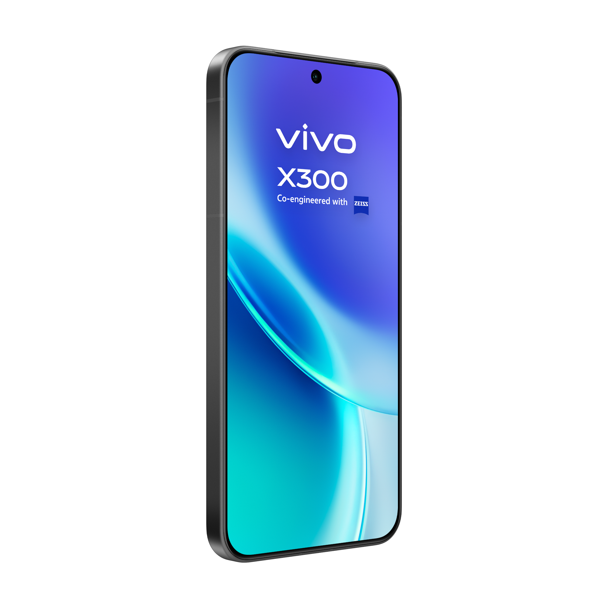 Un smartphone Vivo X300 en un estudio. La pantalla muestra el logotipo de Vivo y el logotipo de Zeiss.