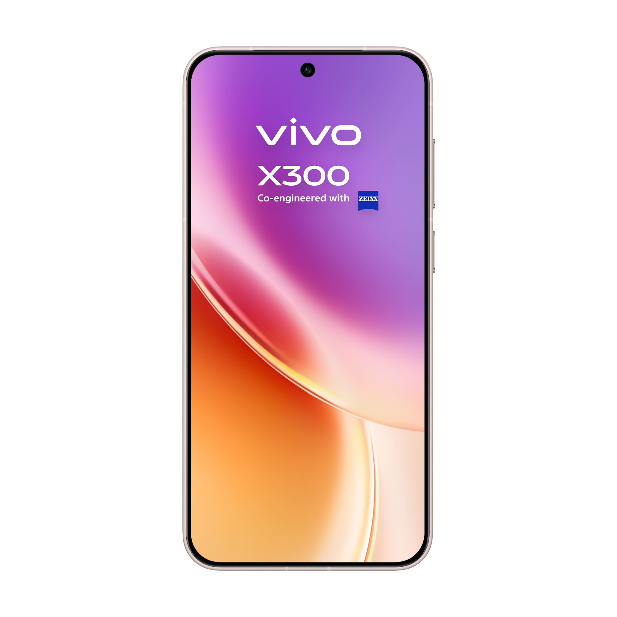 Teléfono Vivo X300 sobre fondo blanco. La pantalla muestra gradientes de color. Logotipos de Vivo y Zeiss visibles.