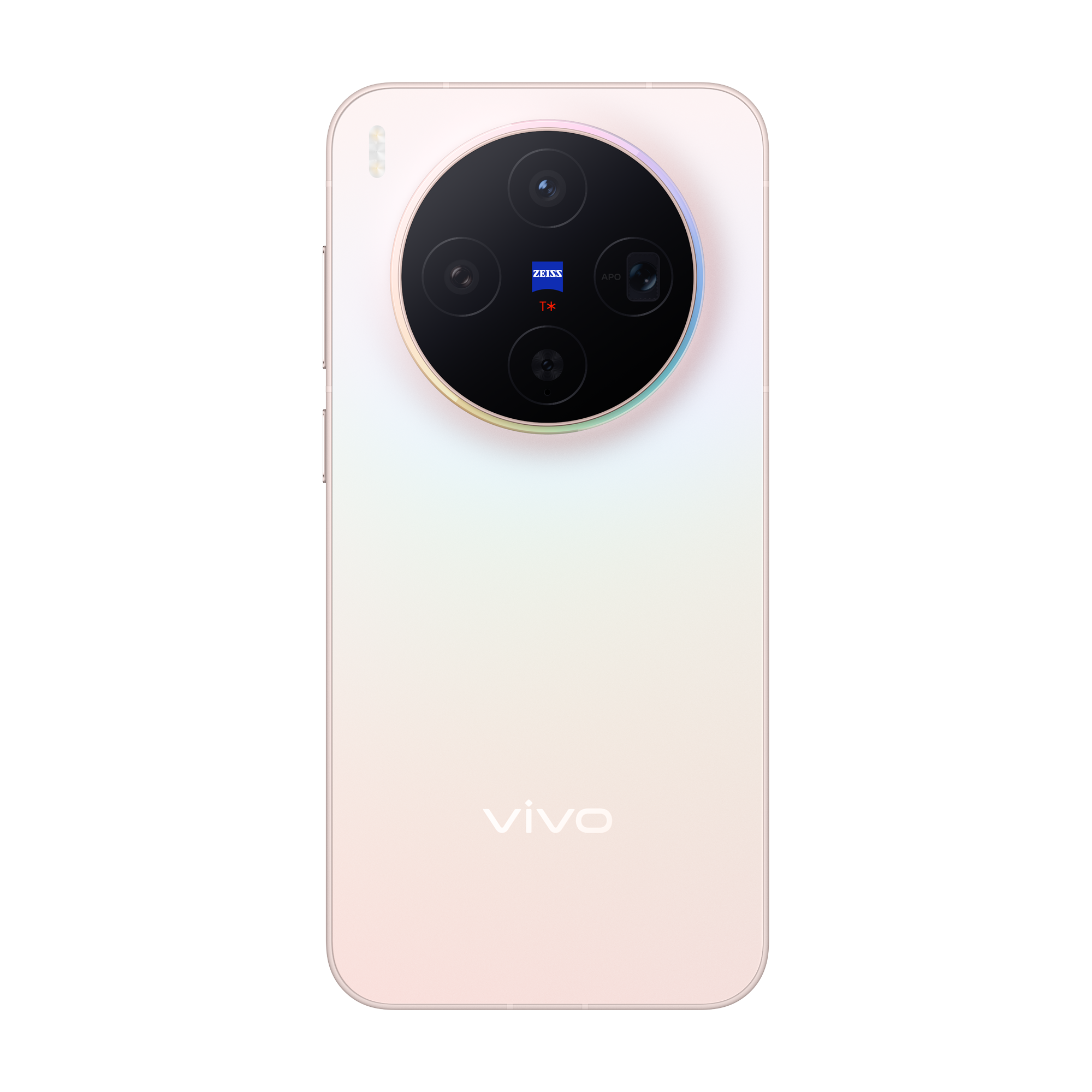 Un smartphone con un módulo de cámara circular con cuatro lentes, el logotipo de Zeiss y la marca vivo.