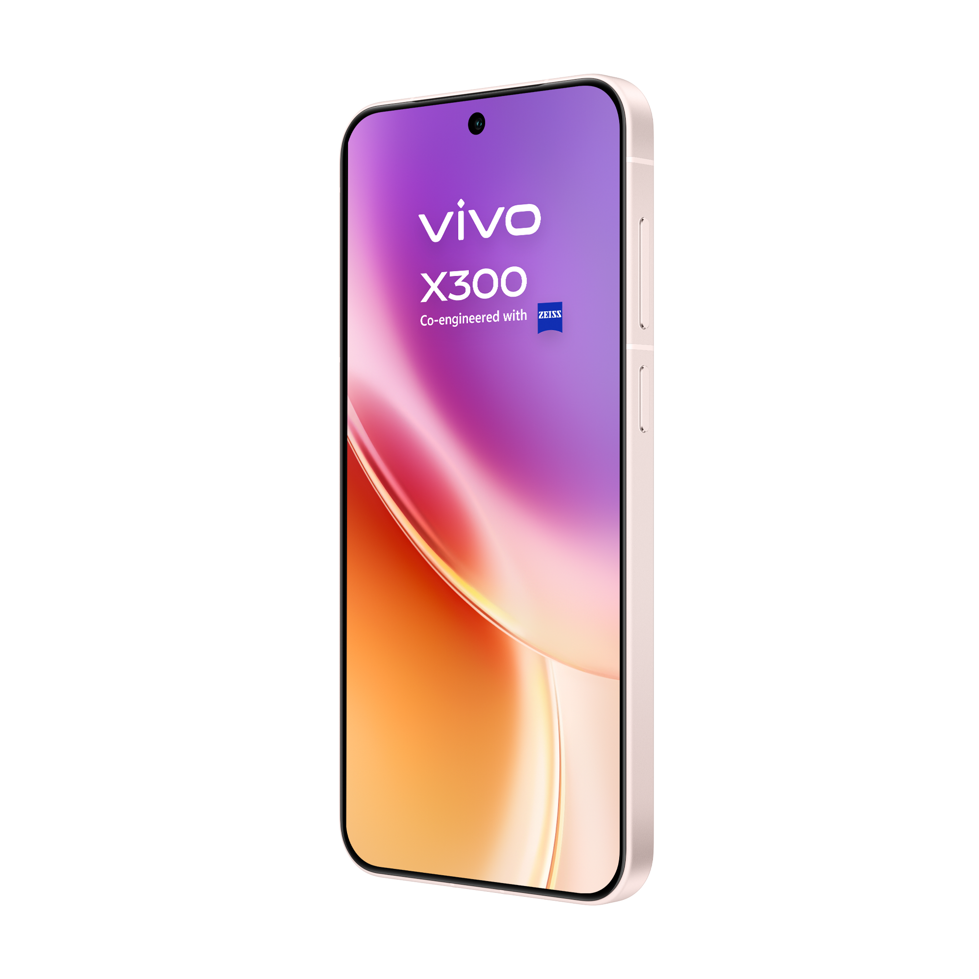 Un teléfono Vivo X300. Es de color rosa claro. La pantalla muestra el logotipo de Vivo y la palabra X300.