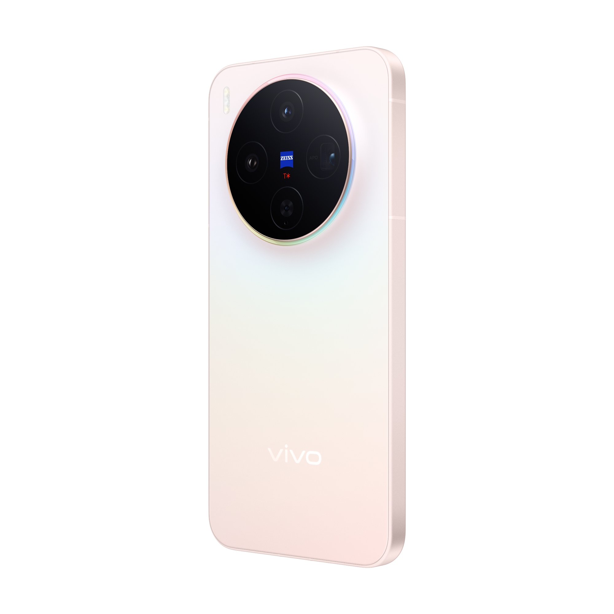 Un teléfono inteligente crema, módulo de cámara redondo y logo Zeiss.