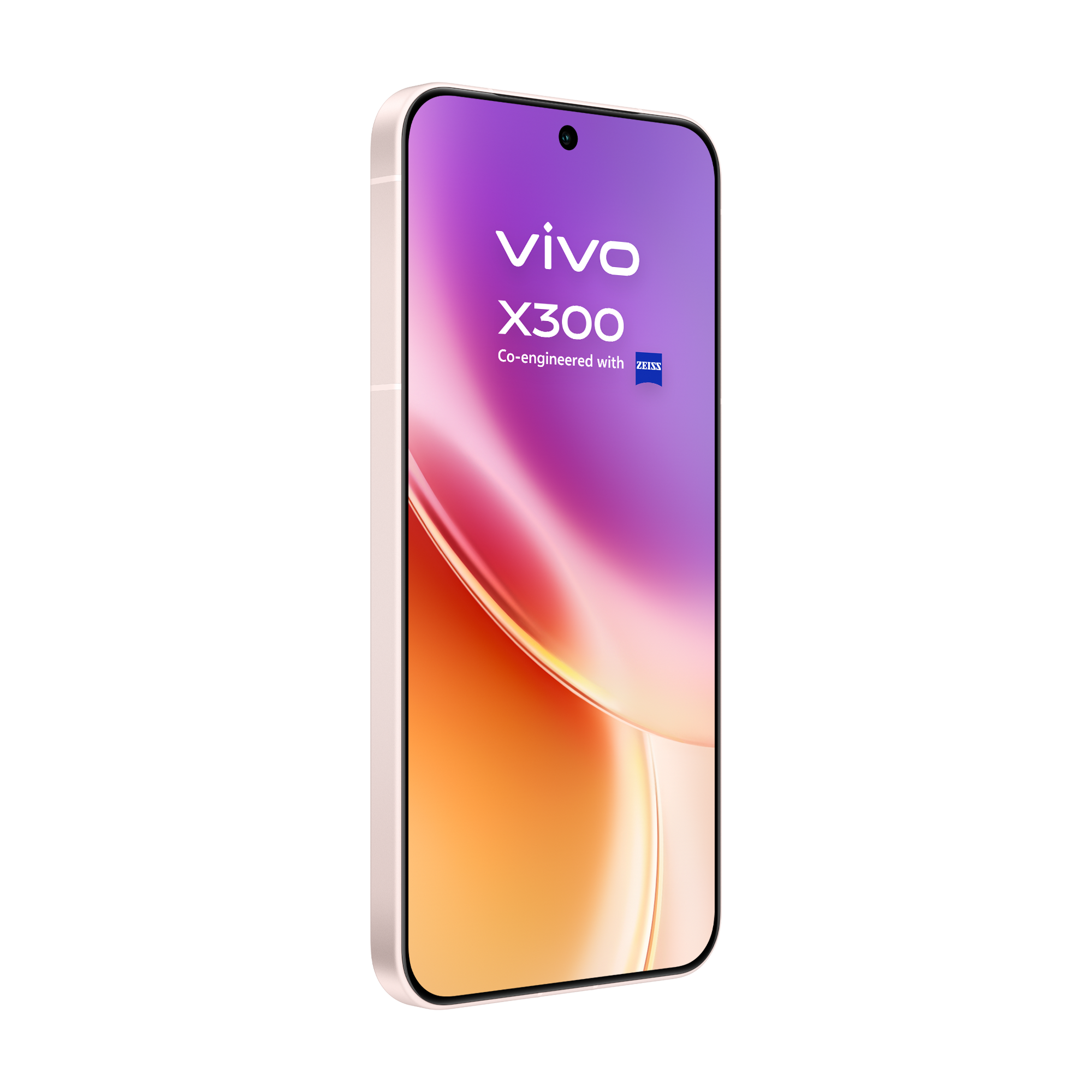 Un smartphone VIVO X300 con pantalla degradada, de morado a naranja. Co-diseñado con ZEISS. El teléfono es beige claro.