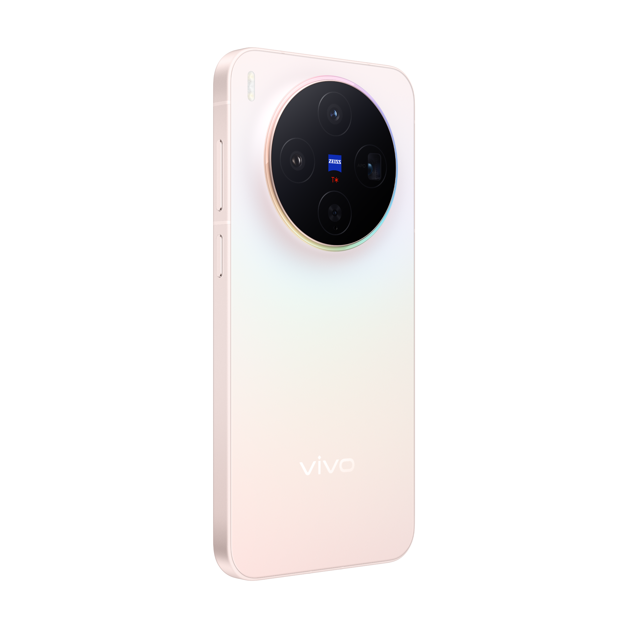 Un teléfono inteligente rosa dorado con un gran módulo de cámara. El módulo tiene cuatro lentes y el teléfono el logo 'vivo'.