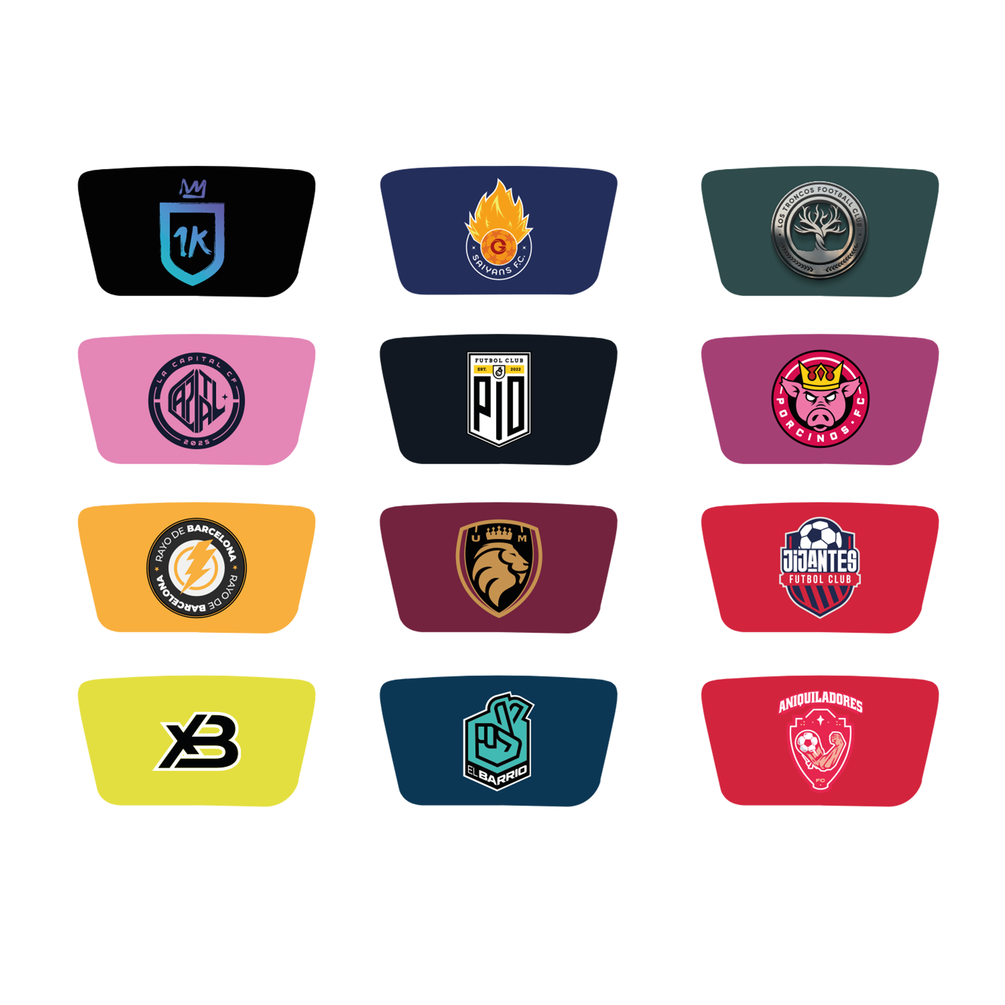 La imagen presenta 12 logotipos de clubes de fútbol. Cada logotipo es único, variando en color, forma y diseño, sobre un fondo de color.