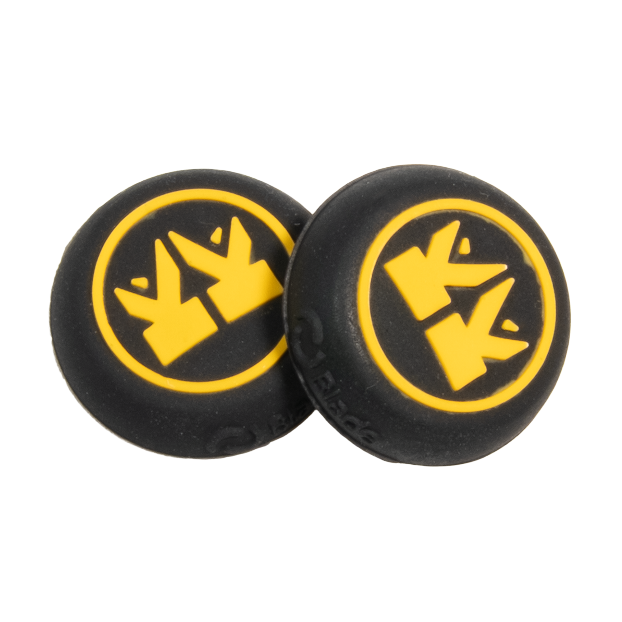Dos objetos circulares negros con logotipos amarillos. Cada logotipo presenta una 'K' estilizada dentro de un círculo amarillo.