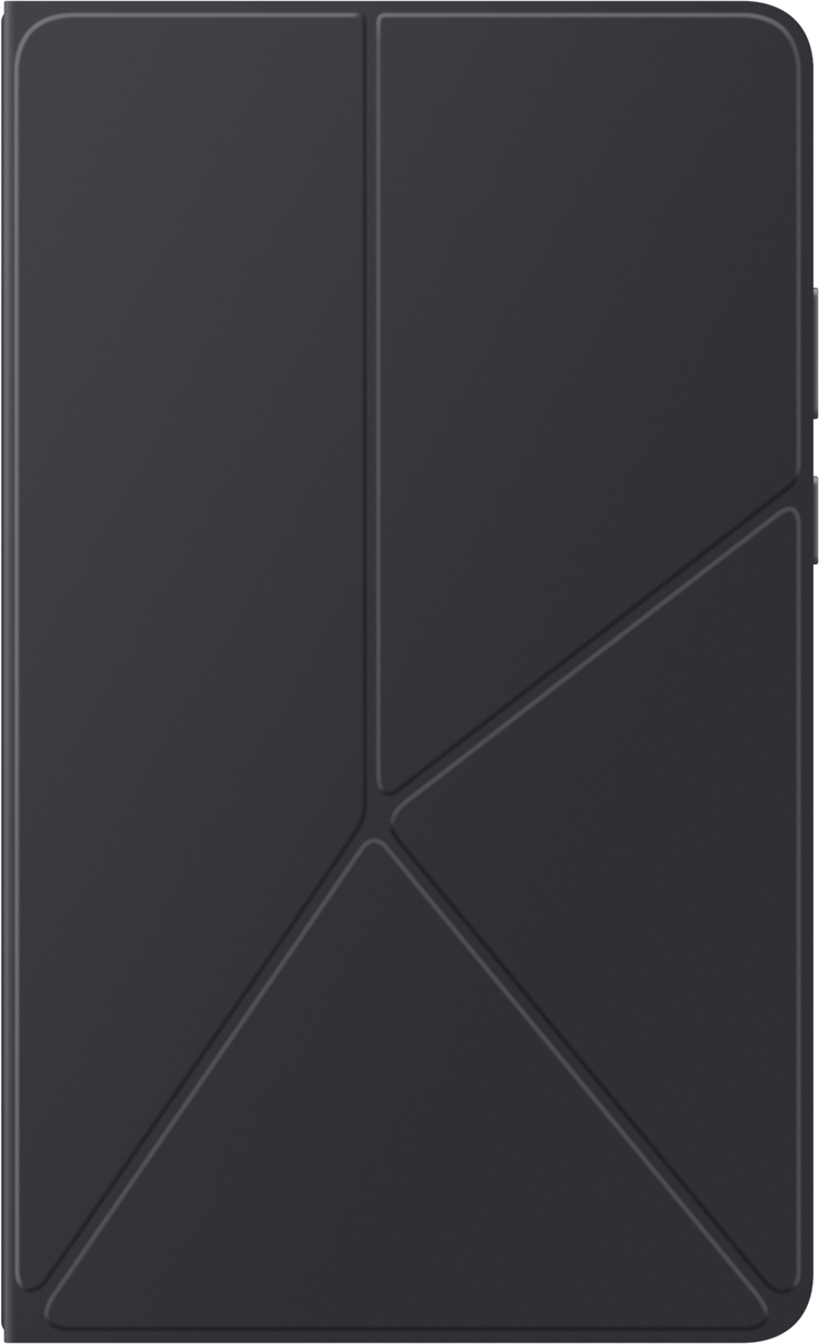 Étui de tablette gris foncé avec lignes de pliage géométriques. La couverture est fermée, montrant une surface texturée.