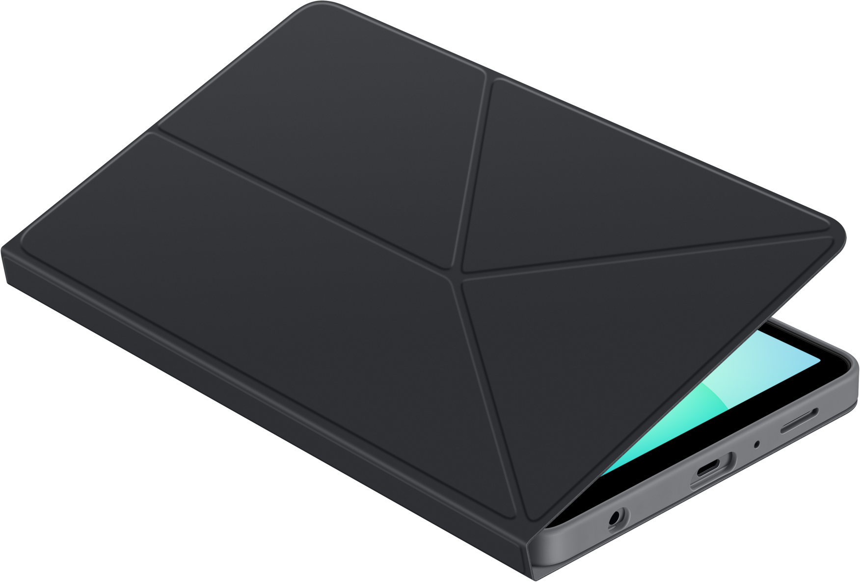 Une tablette noire avec une housse assortie est partiellement ouverte, révélant l'écran. La housse a un design géométrique.