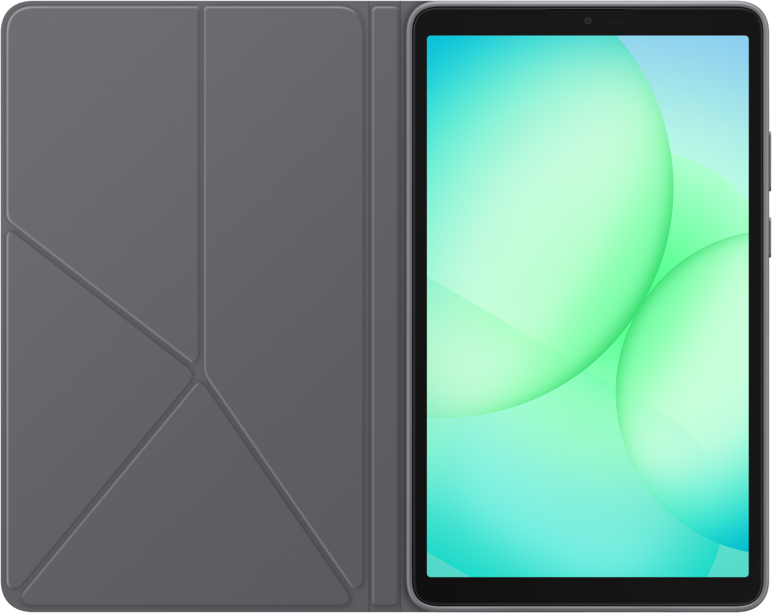 Tablette dans un étui gris, ouverte. L'écran affiche un dégradé vert et bleu avec trois sphères vertes translucides.
