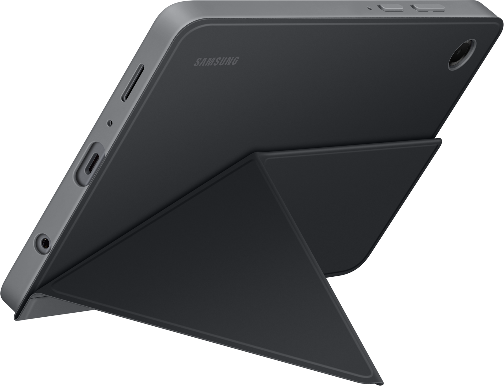 Une tablette Samsung dans un étui gris, soutenue par sa couverture. L'étui est noir. Le fond est noir.
