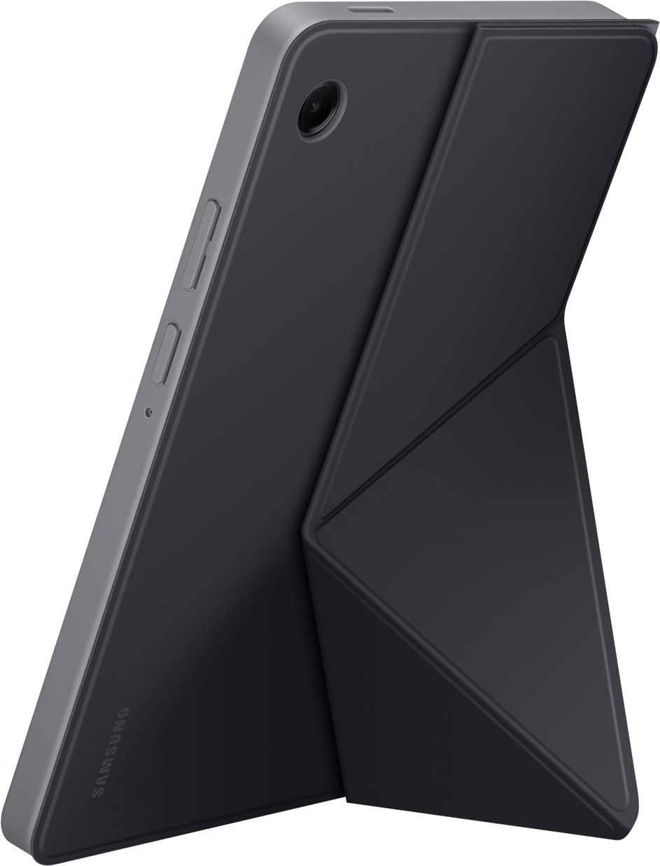 Une tablette Samsung noire avec un étui et une couverture gris foncé. La couverture est pliée pour soutenir la tablette. Le fond est noir.