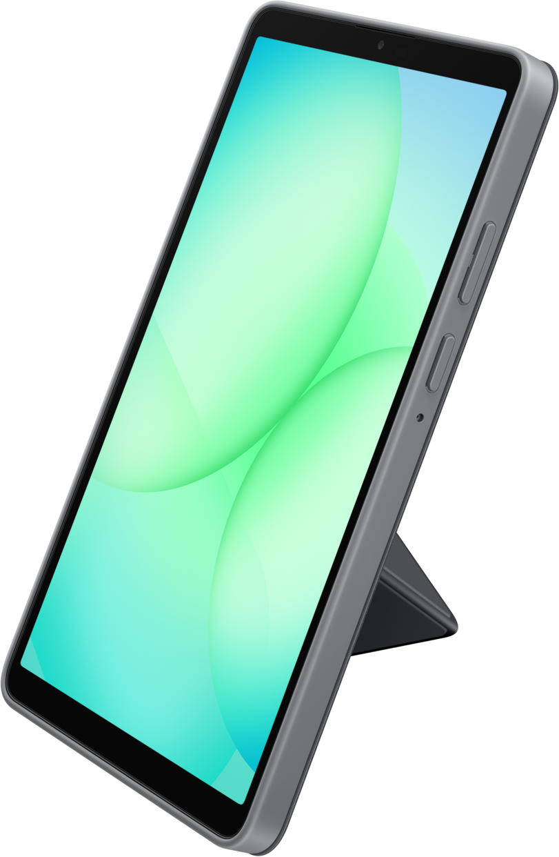 Tablette dans un étui gris, en angle. L'écran affiche un dégradé vert et bleu. Boutons sur le côté. Fond noir.