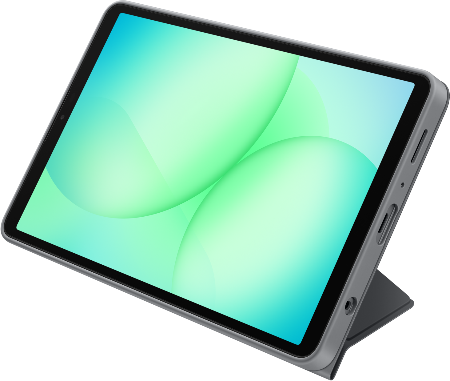 Tablette avec écran vert et bleu, dans un étui gris, soutenue par un support. Fond noir.