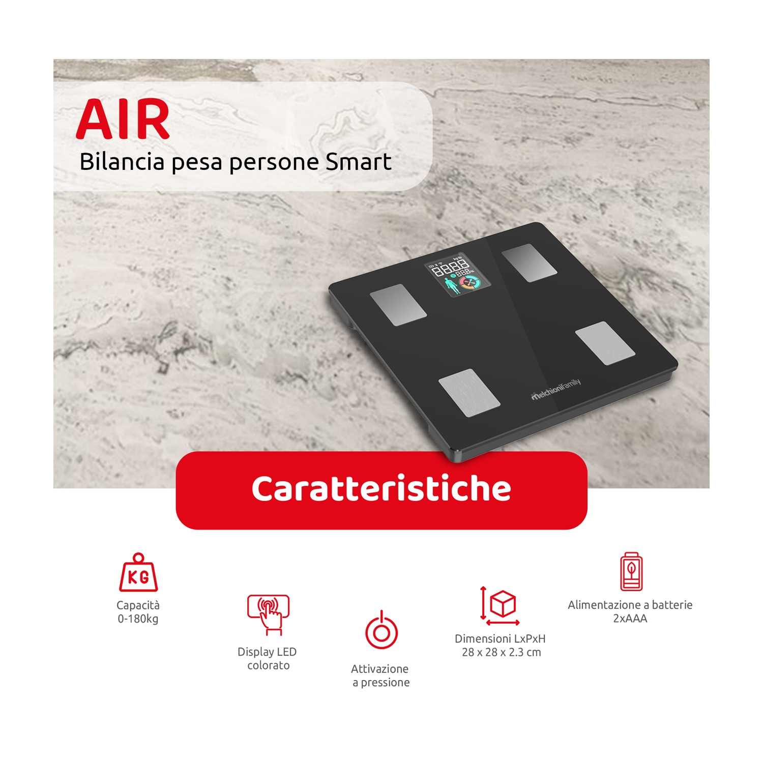Bilancia smart nera con display digitale. Mostra peso, icone e testo. Funziona a batteria e dettagli dimensioni.