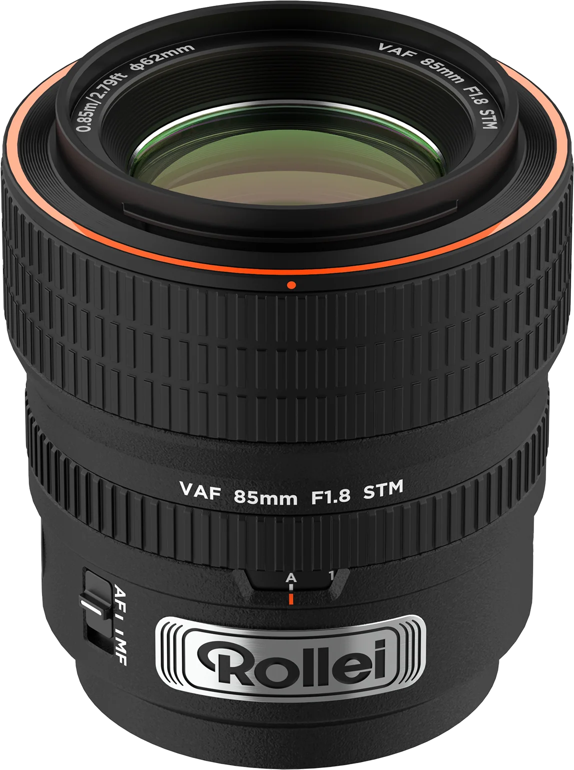 Ein schwarzes Kameraobjektiv mit orangefarbenen Akzenten, beschriftet mit 'Rollei'. Verfügt über Fokus- und Blendeneinstellungen. Das Objektiv hat ein grünes Innere.