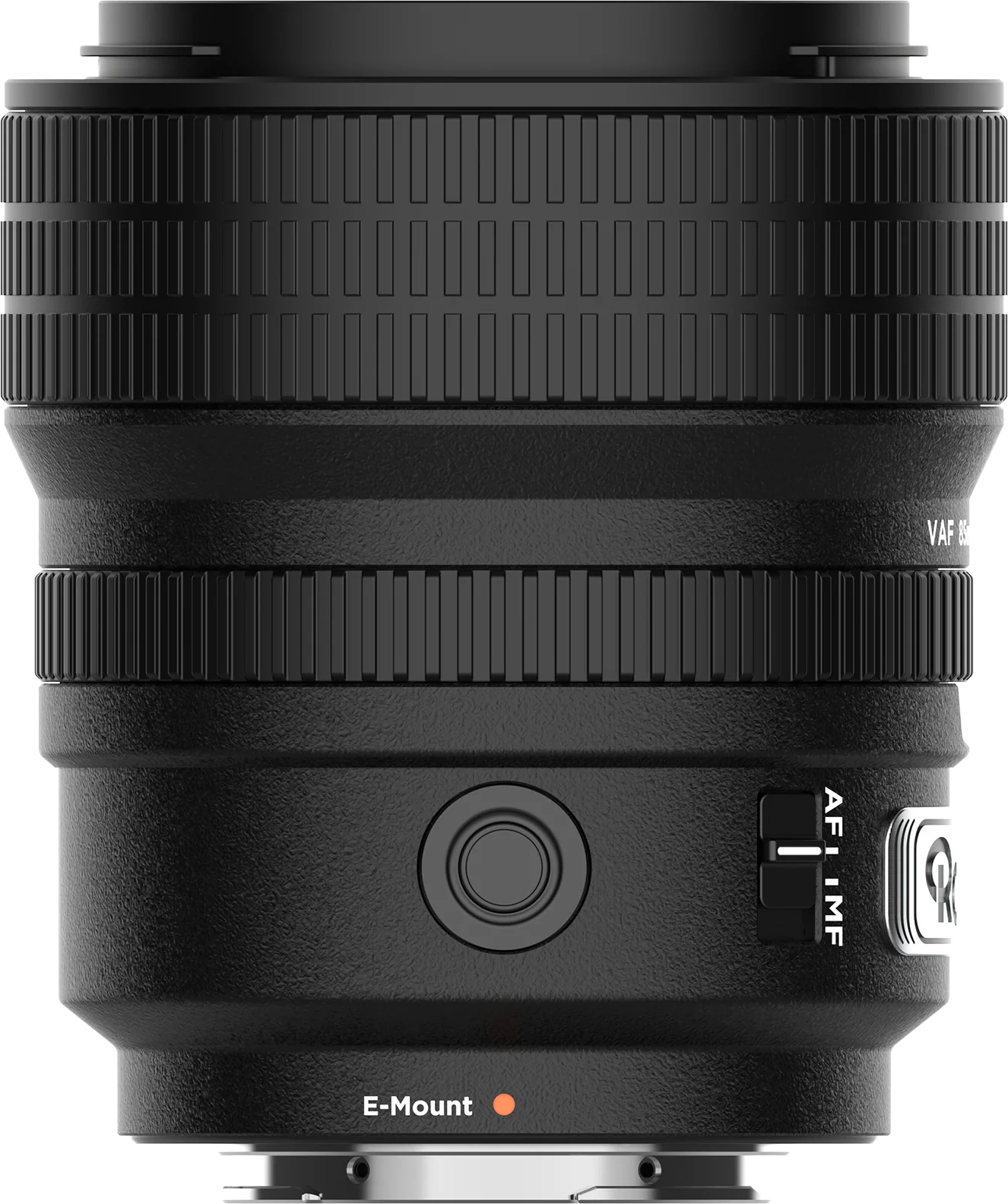 Ein schwarzes Kameraobjektiv mit Rillen, Knöpfen und Schaltern. Es hat eine 'E-Mount'-Beschriftung und einen Fokusmodusschalter.
