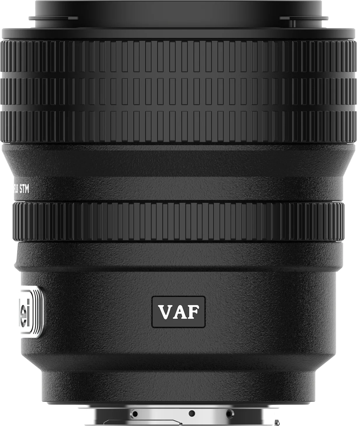 Ein schwarzes Kameraobjektiv mit den Buchstaben „VAF“. Das Objektiv ist zylindrisch mit strukturierten Oberflächen und Ringen.