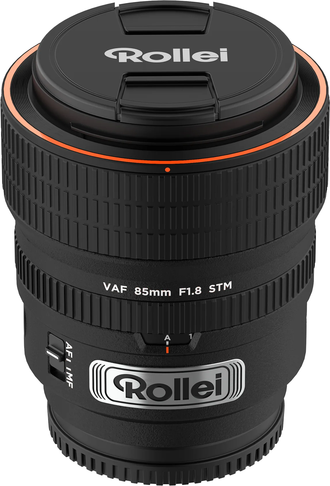 Schwarzes Rollei-Kameraobjektiv. Es hat einen orangefarbenen Zierring und das Rollei-Logo. Verschiedene Einstellungen sind sichtbar.