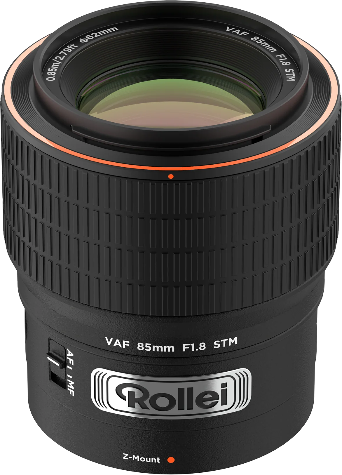 Ein schwarzes Rollei-Kameraobjektiv. Es hat einen roten Ring, einen orangefarbenen Punkt und weißen Text. Das Objektiv ist zylindrisch.
