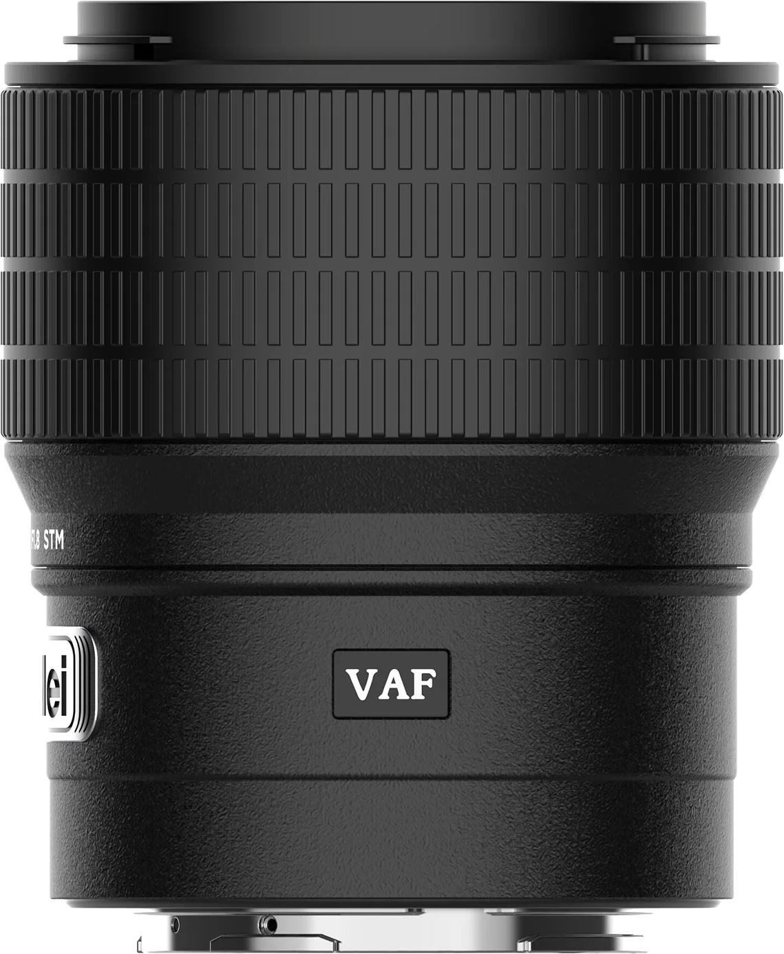Ein schwarzes Kameraobjektiv mit strukturierter Grifffläche und metallischen Details. Es hat den Text "VAF" und andere Markierungen.