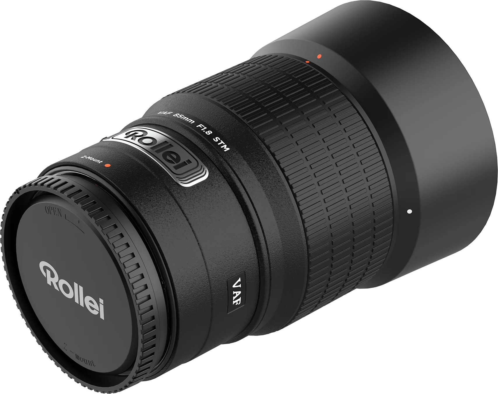 Ein schwarzes Rollei-Kameraobjektiv. An der Seite befinden sich Text und Zahlen wie 'VAF 85mm F1.8 STM'. Die Objektivkappe ist aufgesetzt.
