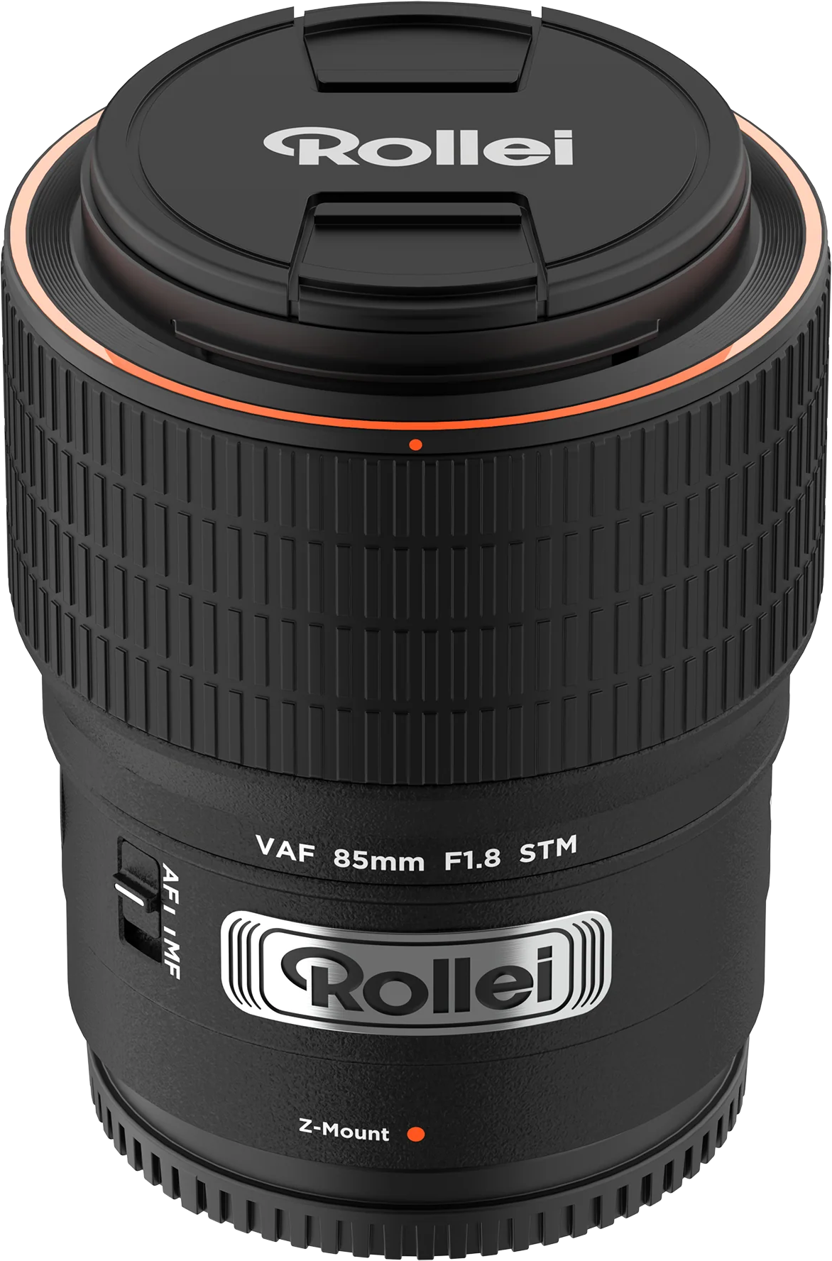 Ein Rollei-Kameraobjektiv. Es ist schwarz mit orangefarbenen Akzenten. Es hat das Rollei-Logo. Es ist mit VAF 85mm F1.8 STM beschriftet.