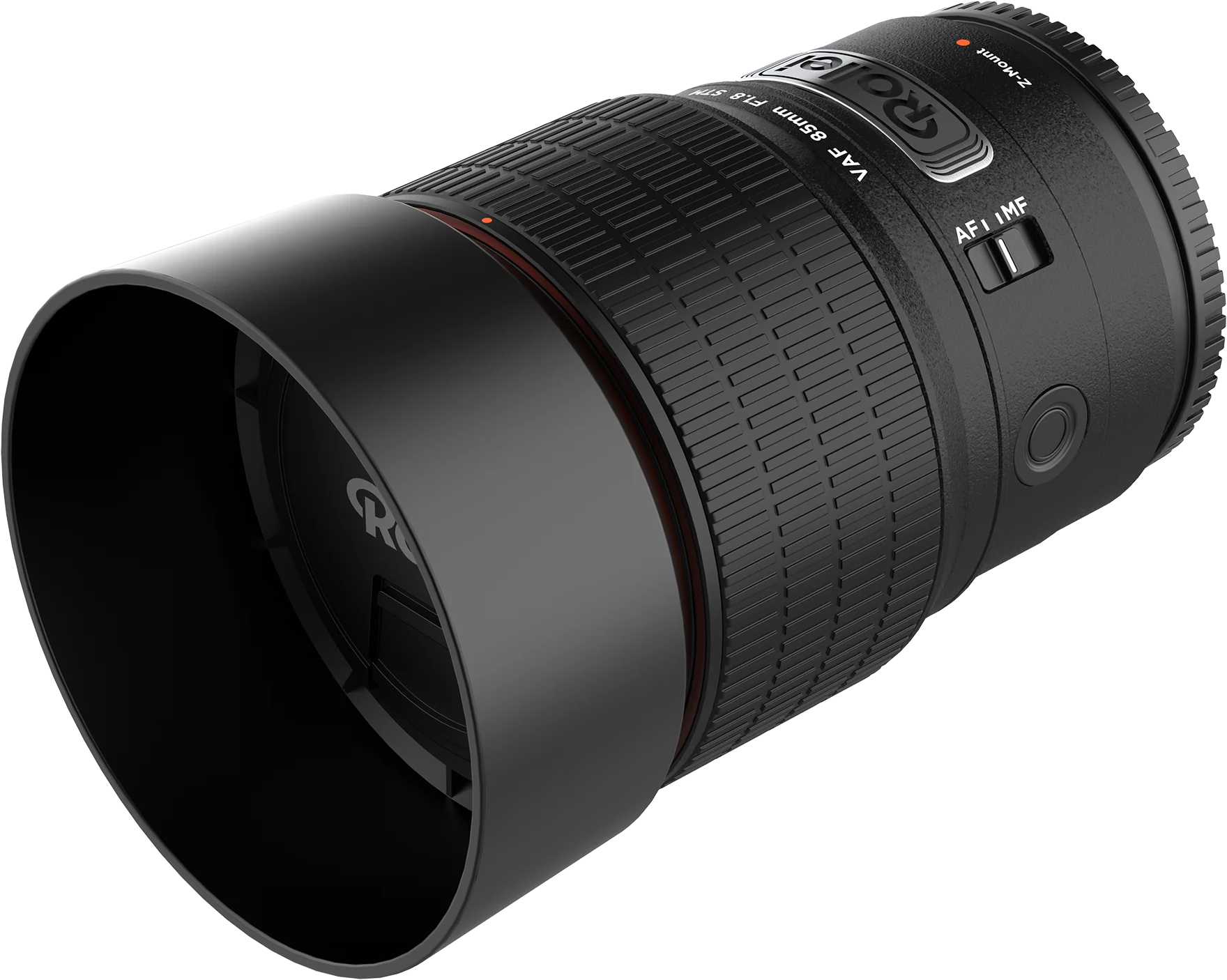 Schwarzes Kameraobjektiv mit Gegenlichtblende. Das Objektiv ist mit 'VAF 85mm F1.8 STM' beschriftet. Der Hintergrund ist schwarz.