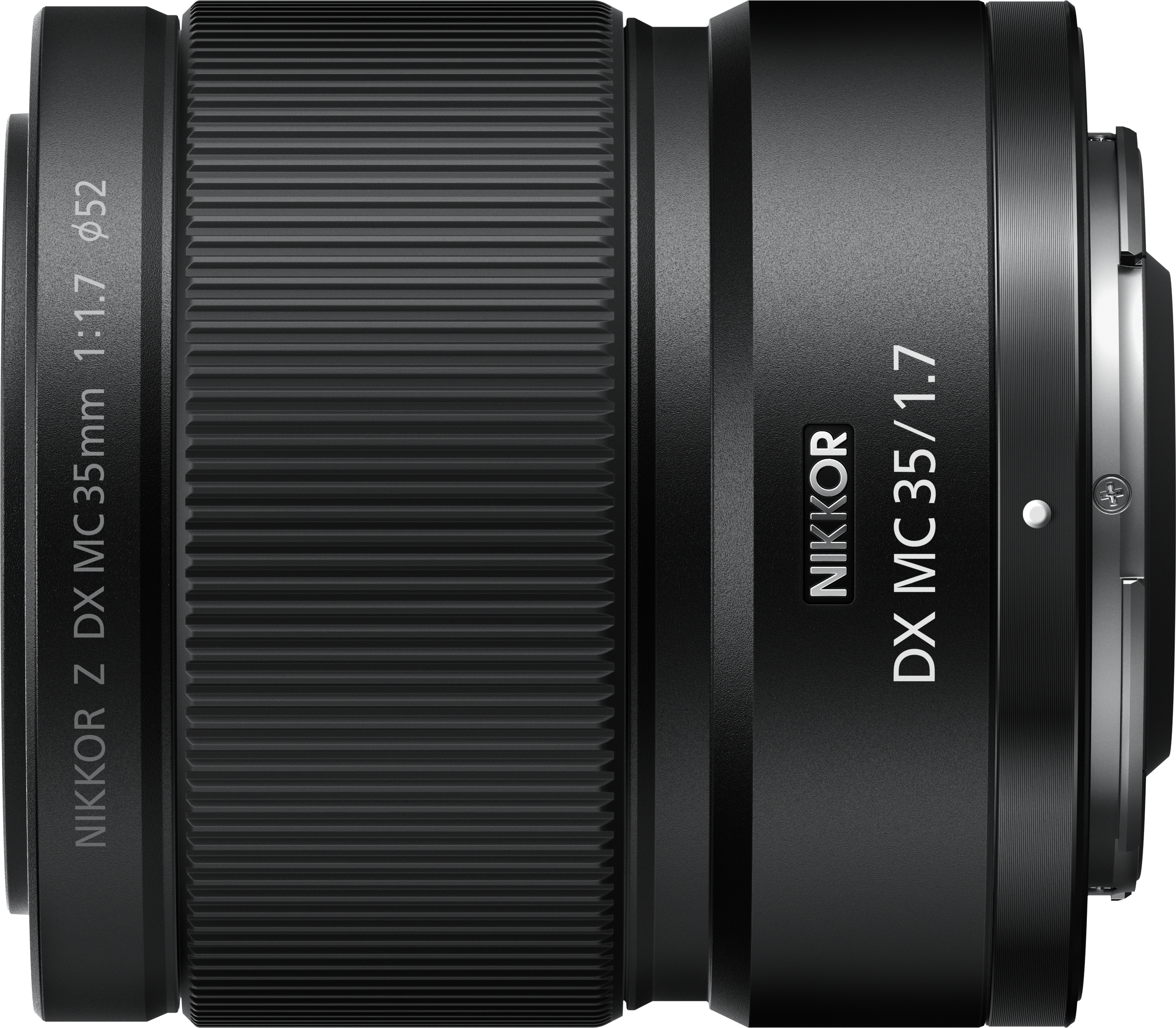 Ein schwarzes Nikon Z DX MC 35mm 1:1.7 Objektiv. Das Objektiv hat einen geriffelten Griff und Text.