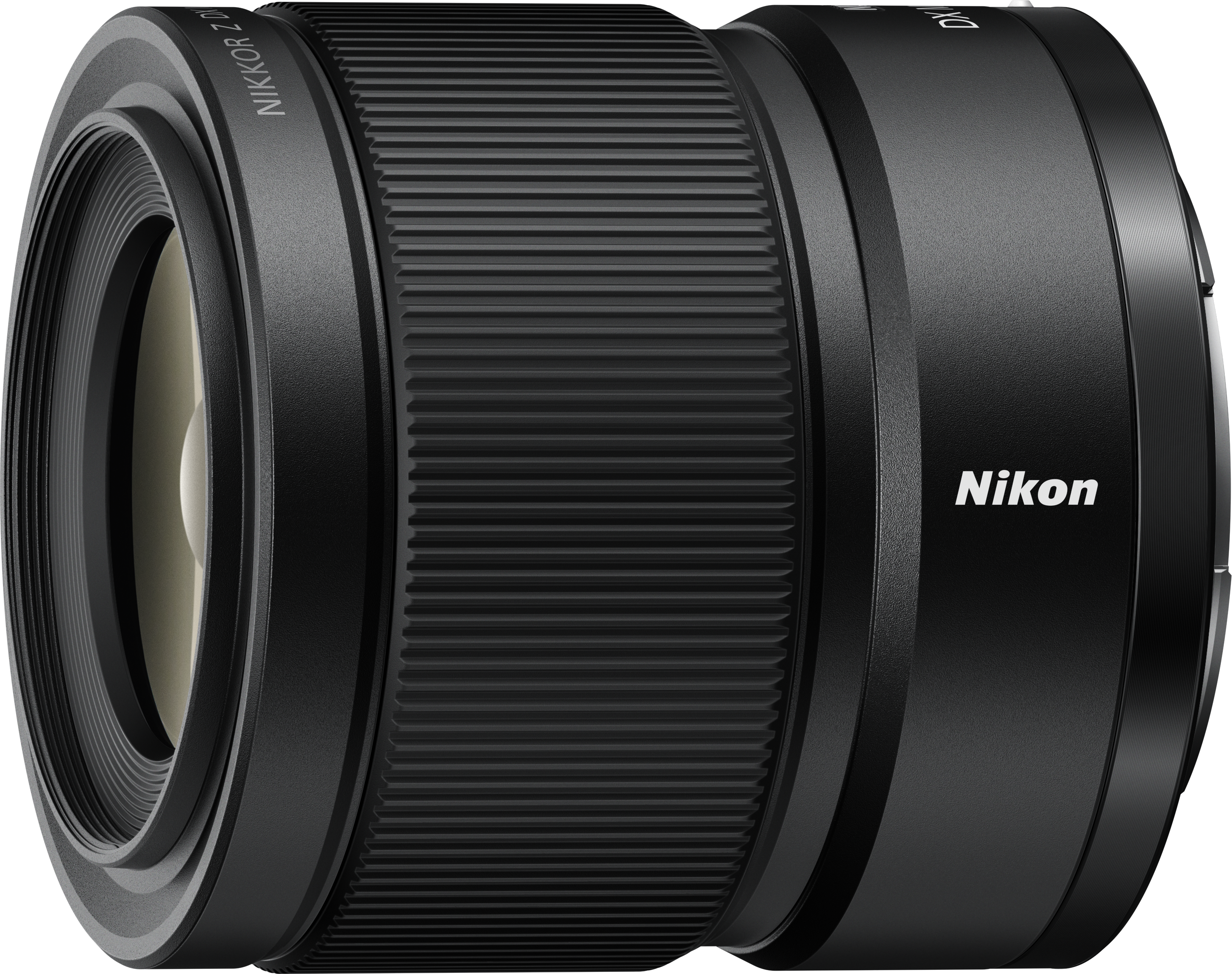 Ein schwarzes Nikon-Kameraobjektiv. Es hat eine geriffelte Textur am Tubus, und das Nikon-Logo ist sichtbar.