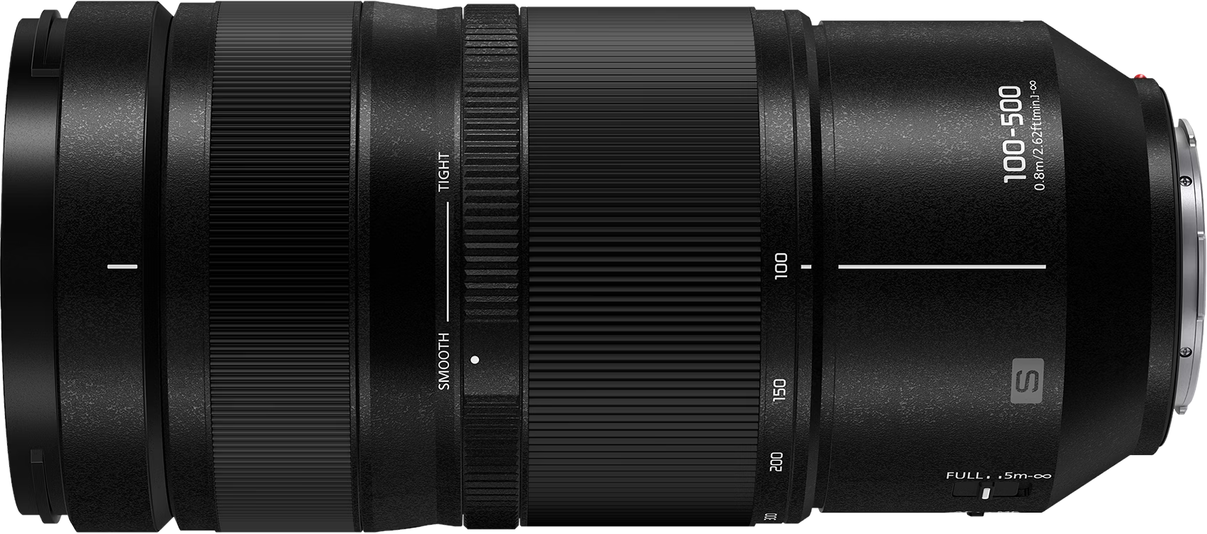 Un objectif d'appareil photo noir avec des marquages, des chiffres et du texte. Il a une plage de zoom de 100-500 mm et une plage de mise au point de 0,8 m à l'infini.