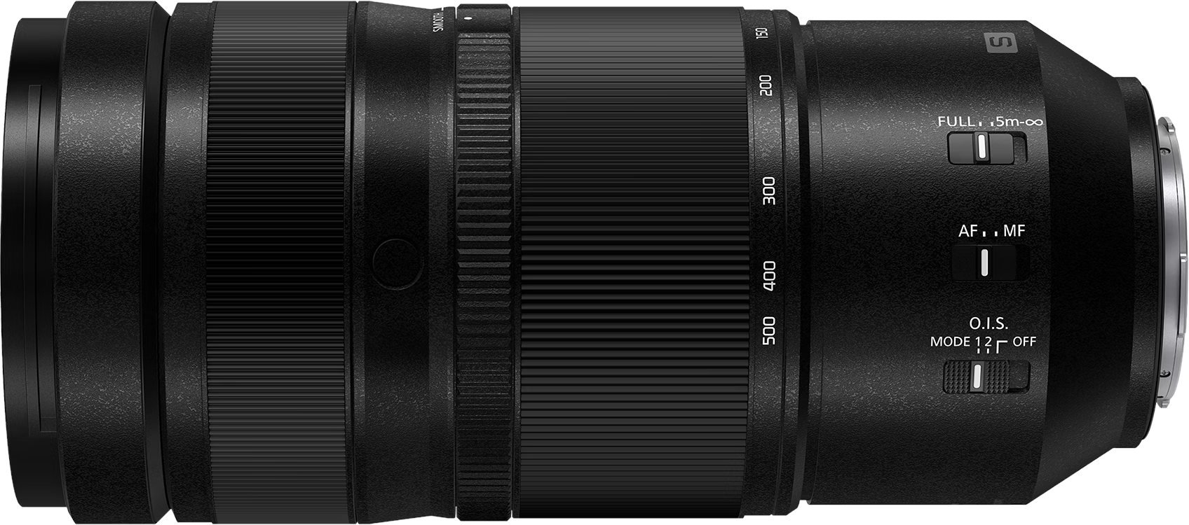 Un objectif d'appareil photo noir avec des marquages, des chiffres et des interrupteurs pour la mise au point, la stabilisation et le zoom. L'objectif est cylindrique.