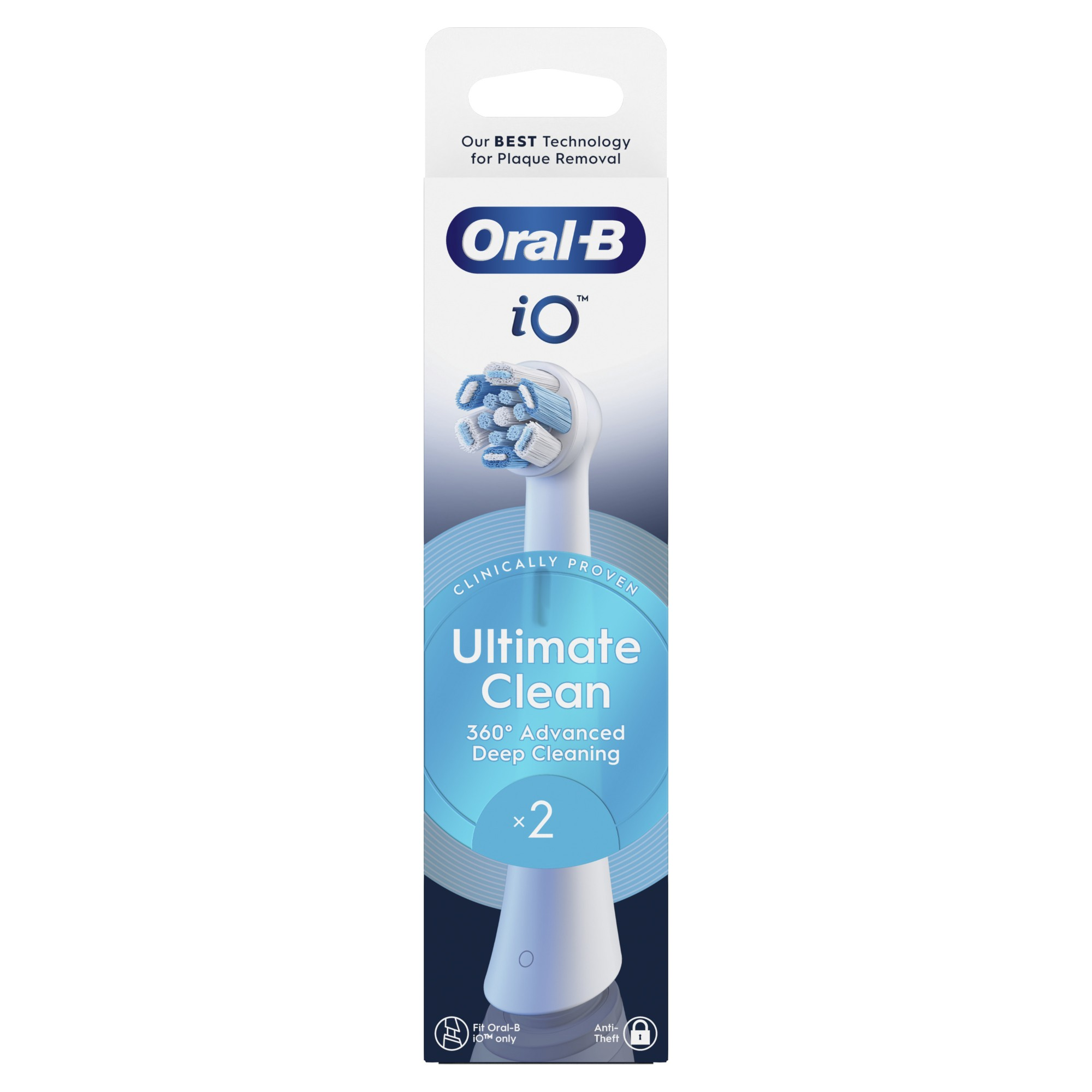 Opakowanie do głowic szczoteczki do zębów Oral-B iO. Zawiera tekst 'Ultimate Clean' i logo 'Oral-B'. Biało-niebieska kolorystyka.