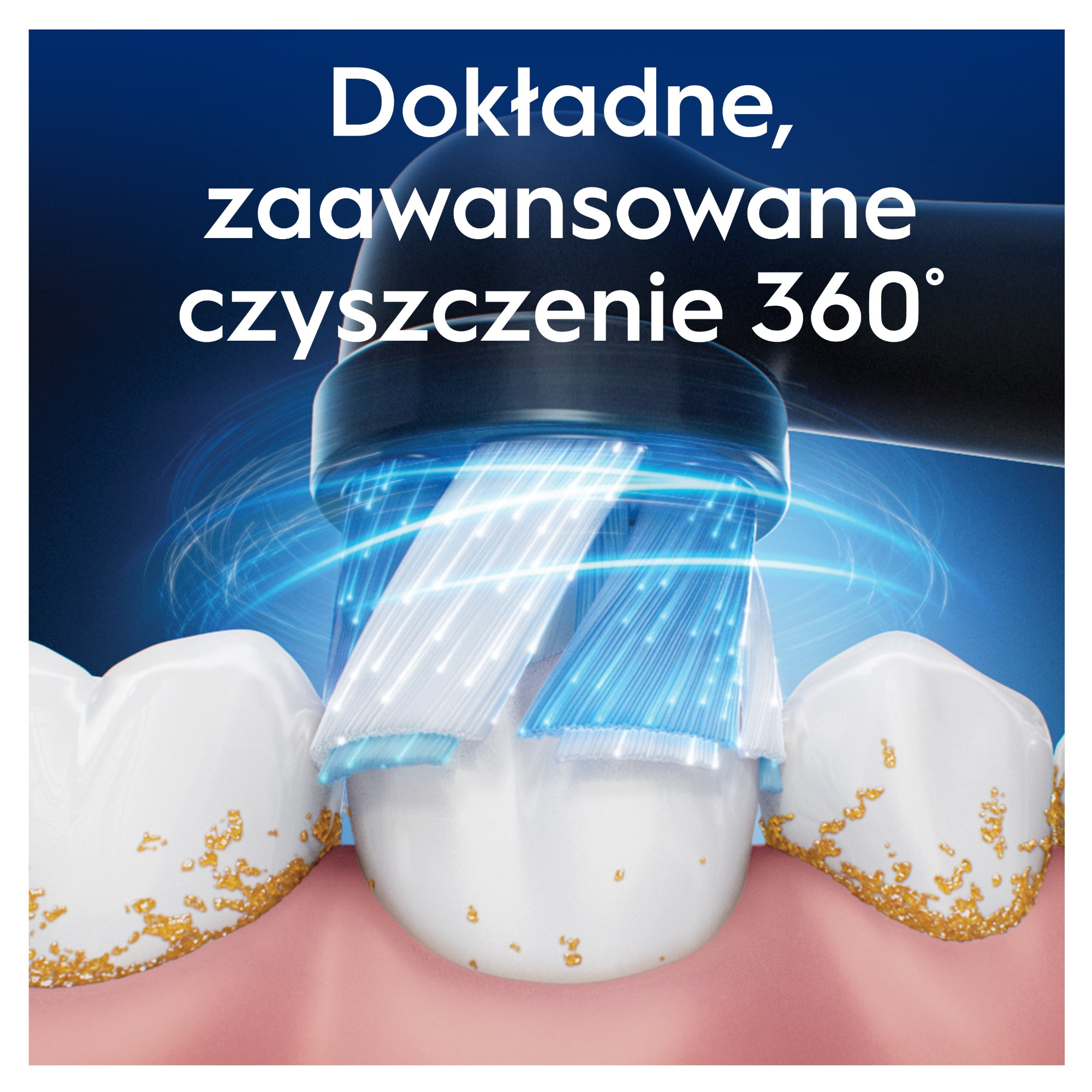 Szczoteczka elektryczna czyści zęby. Główka otoczona zębami. Zęby pokazują płytkę nazębną. Tekst na górze.