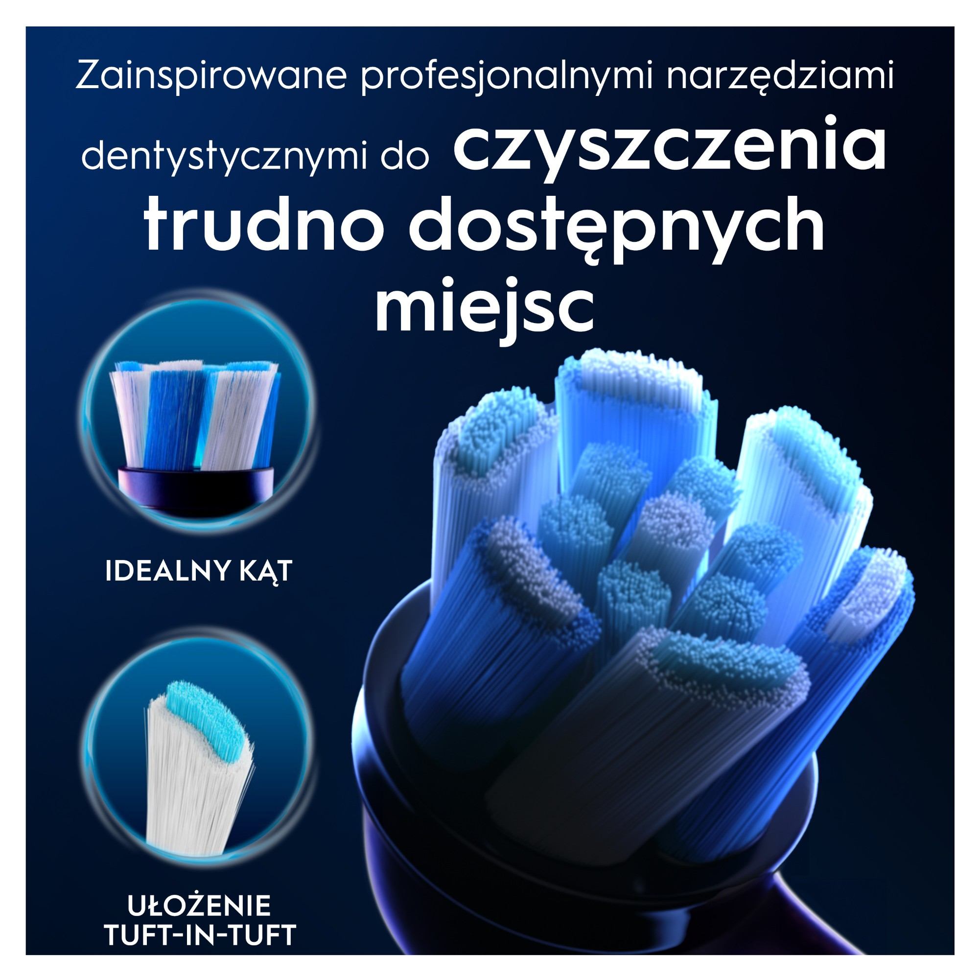 Obrazek przedstawia główkę szczoteczki do zębów z niebieskim i białym włosiem. Tekst mówi 'czyszczenie trudno dostępnych miejsc'.