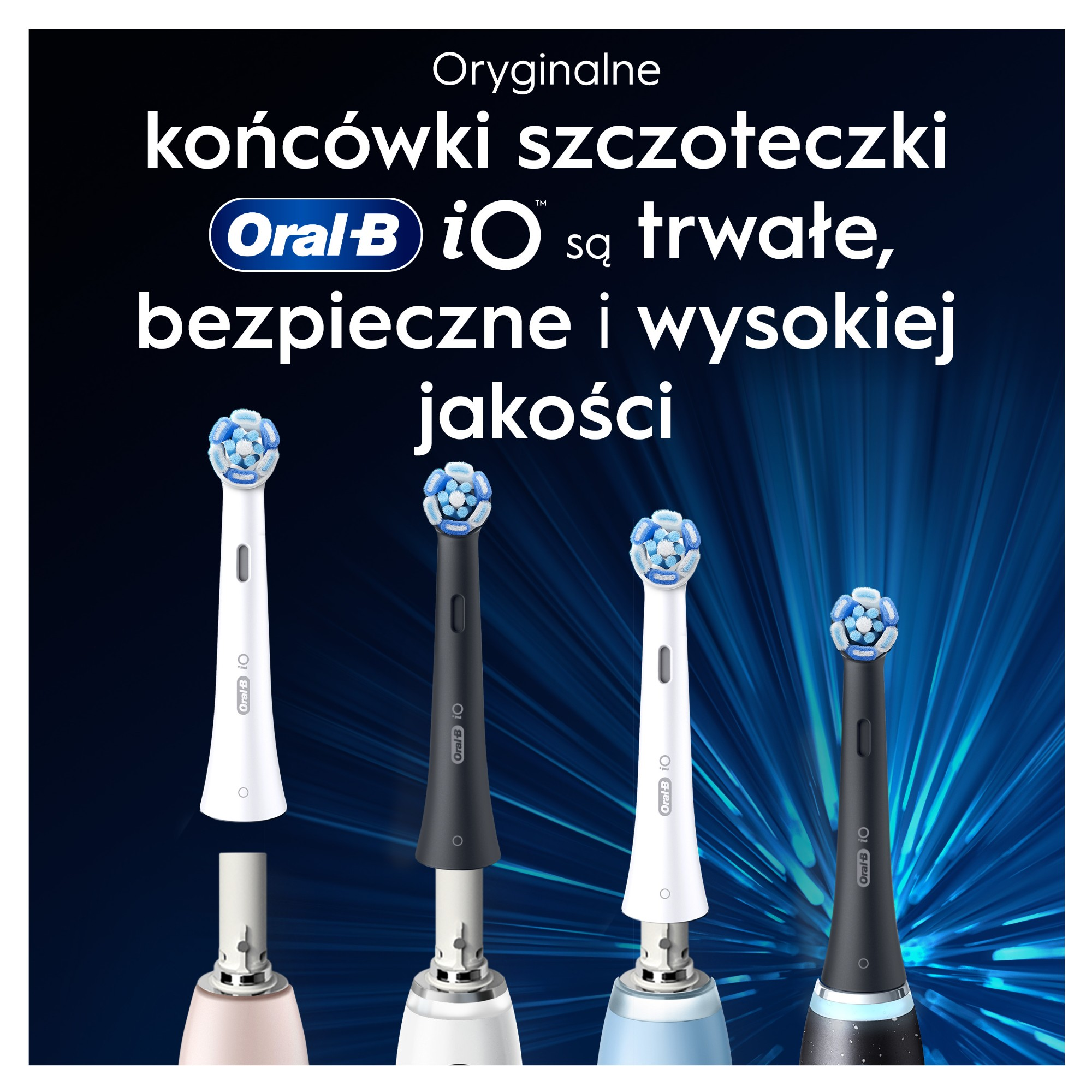 Obraz przedstawia głowice szczoteczki do zębów Oral-B iO. Cztery głowice w kolorze białym i czarnym z niebieskim włosiem, tło jest niebieskie.