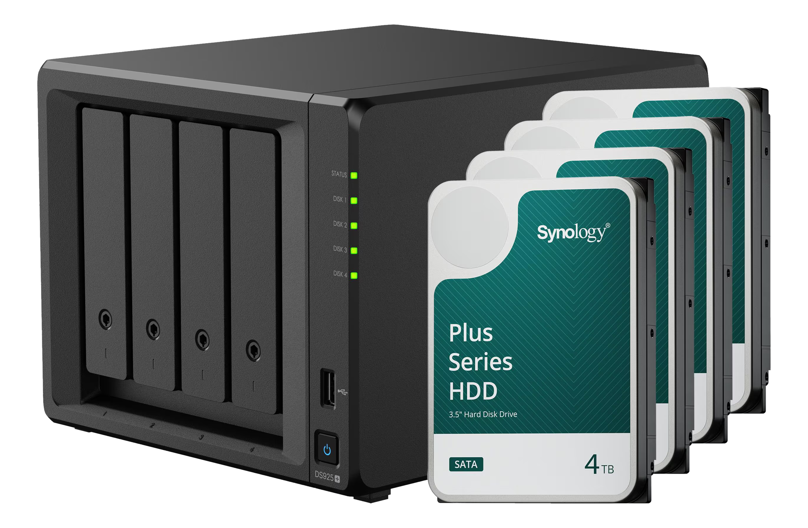 Un NAS noir avec quatre baies et quatre disques durs Synology Plus Series avec des étiquettes blanches et sarcelle.