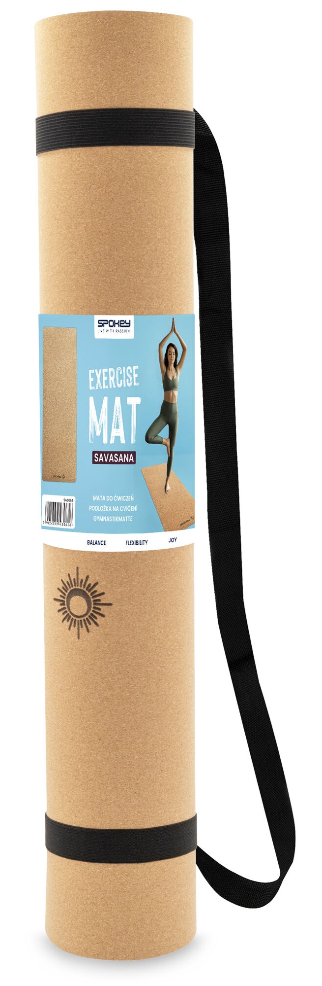 Zwinięta mata do jogi z czarnymi paskami. Etykieta mówi 'EXERCISE MAT SAVASANA'. Kobieta w pozycji jogi.