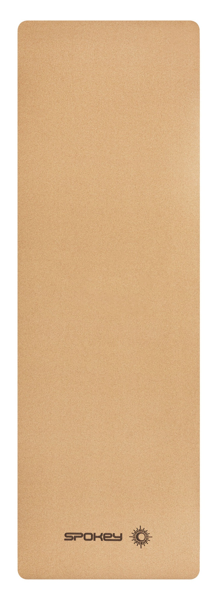 Prostokątna mata do jogi w kolorze beżowym. Logo Spokey i symbol słońca na dole.