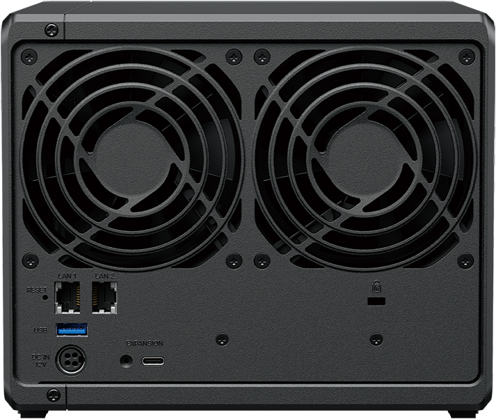 Pannello posteriore nero del server NAS con due ventole, porte di rete, USB e ingresso di alimentazione.