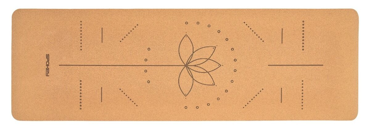 Brązowa mata do jogi z kwiatowym wzorem i znacznikami. Widoczna marka Spokey.