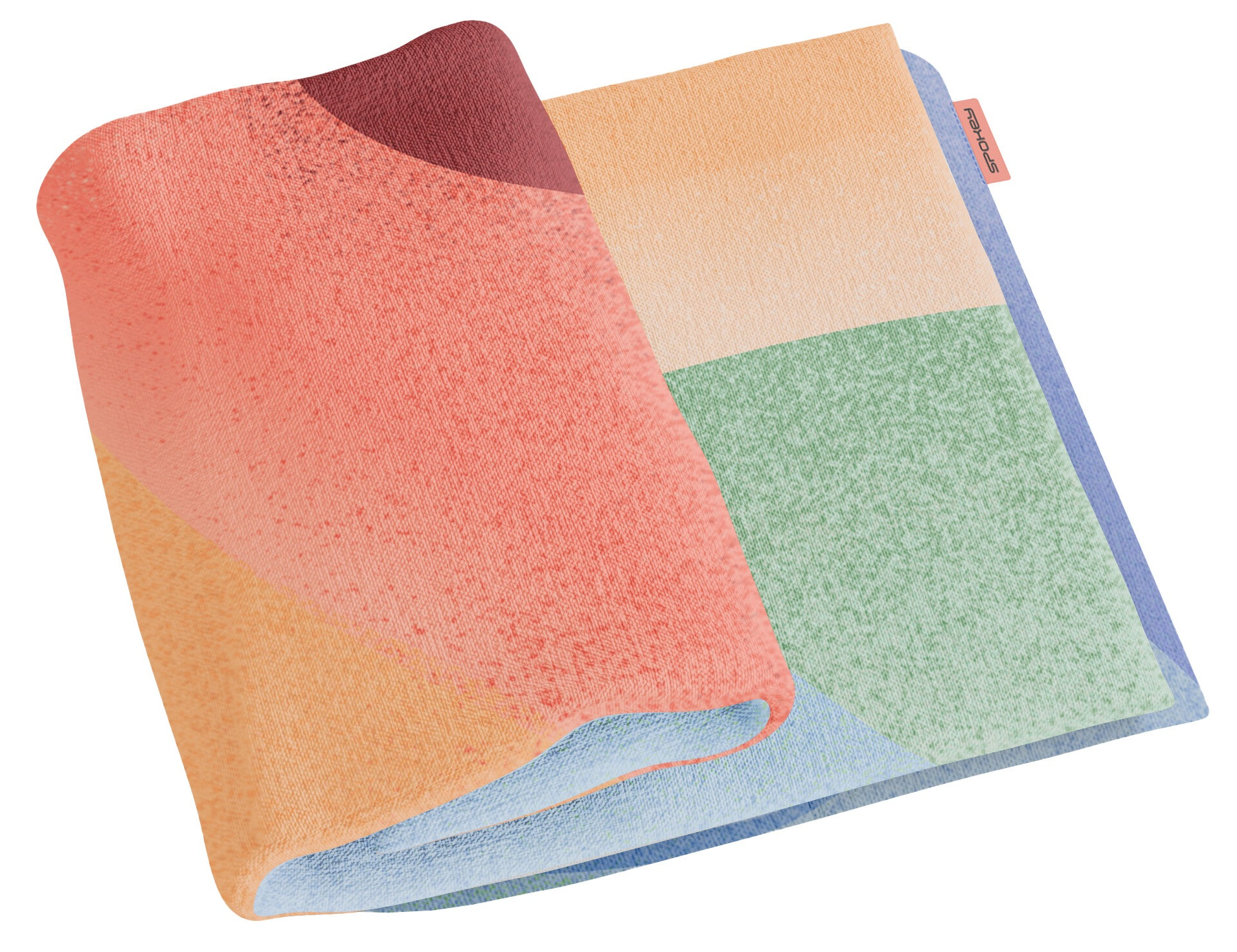 Złożony, kolorowy ręcznik z sekcjami w kolorze pomarańczowym, zielonym, niebieskim i czerwonym. Mała metka z napisem 'SPOKEY'.